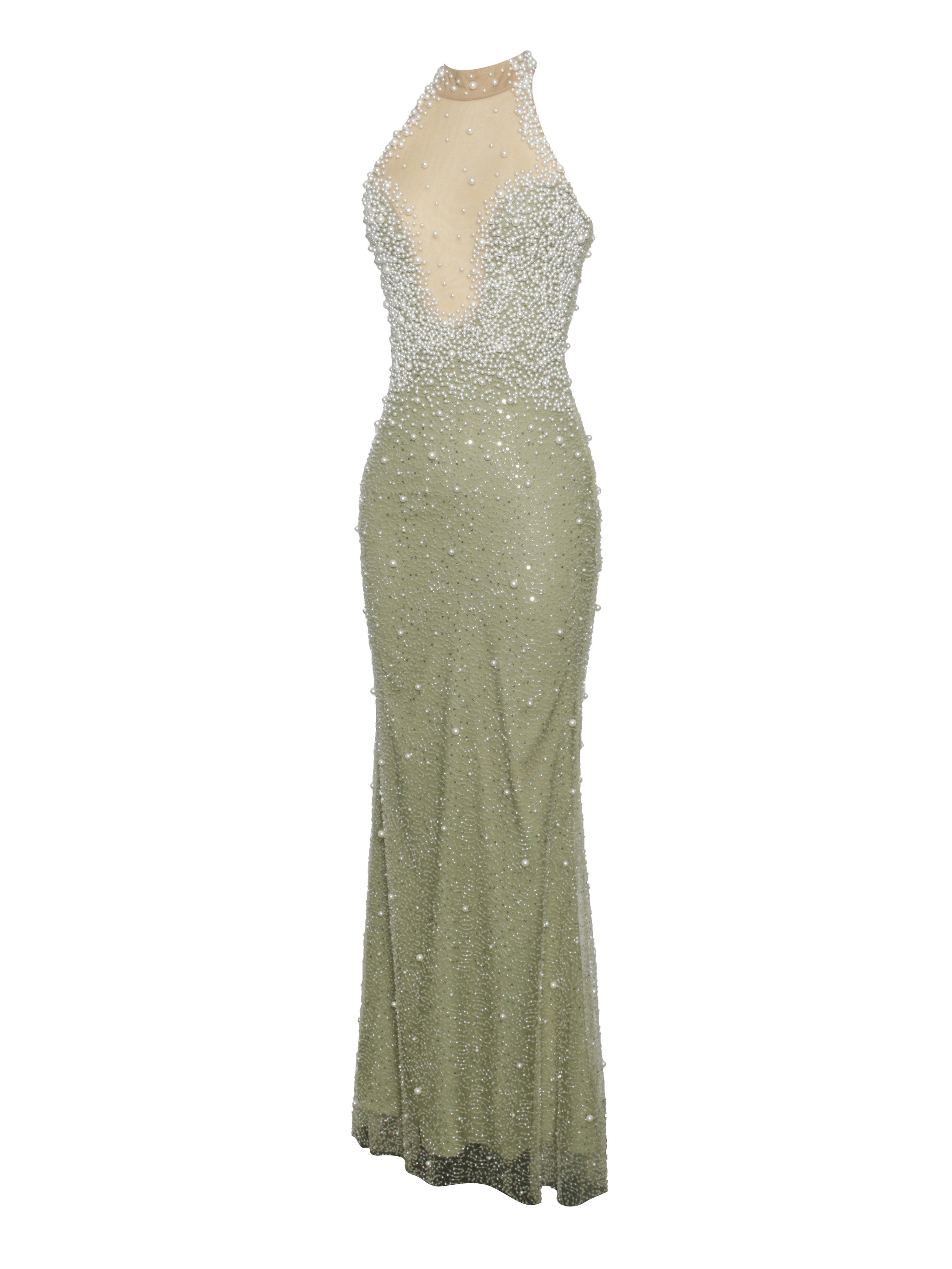 Ginny Pear Green Pearl Embellished Backless Gown