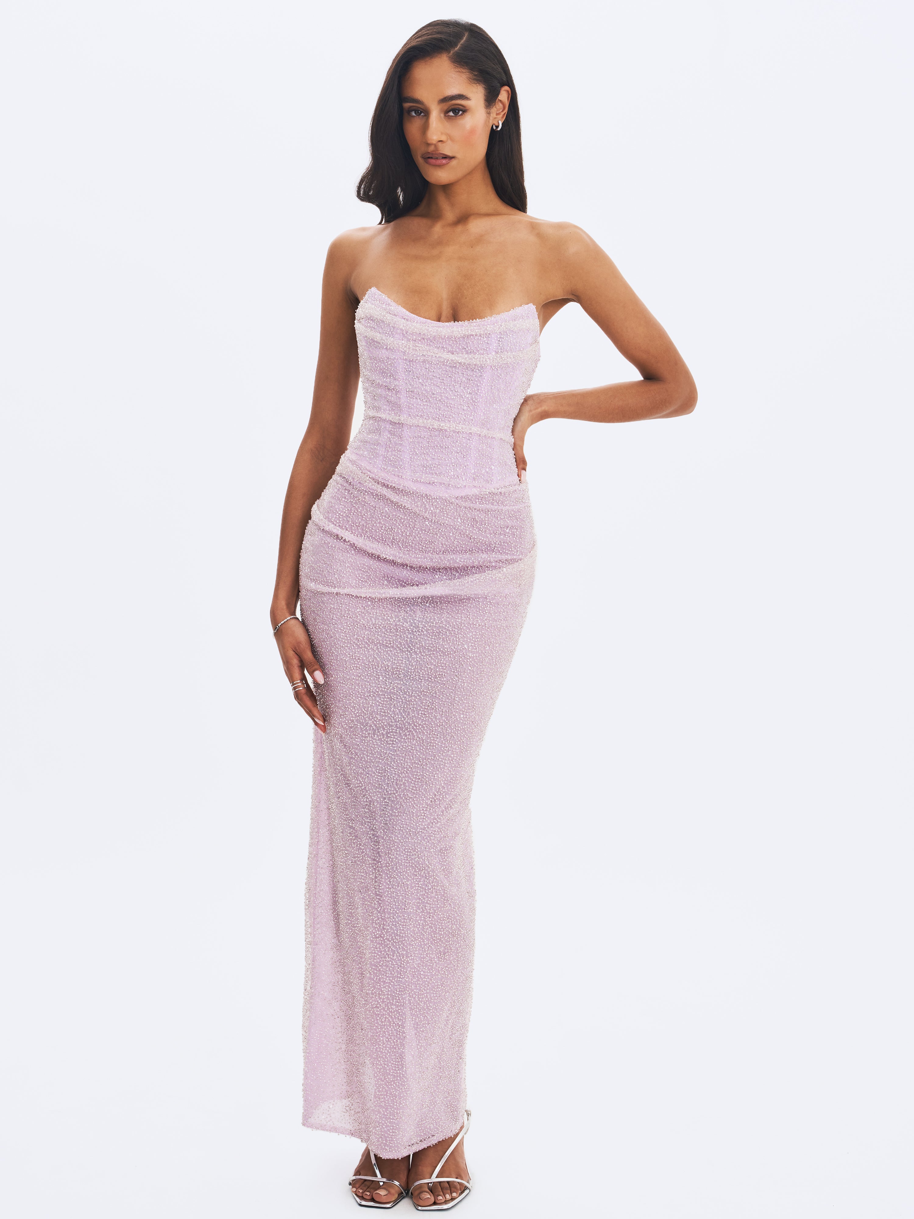 Raylee Lilac Beaded Mesh Strapless Sheath Maxi Dress