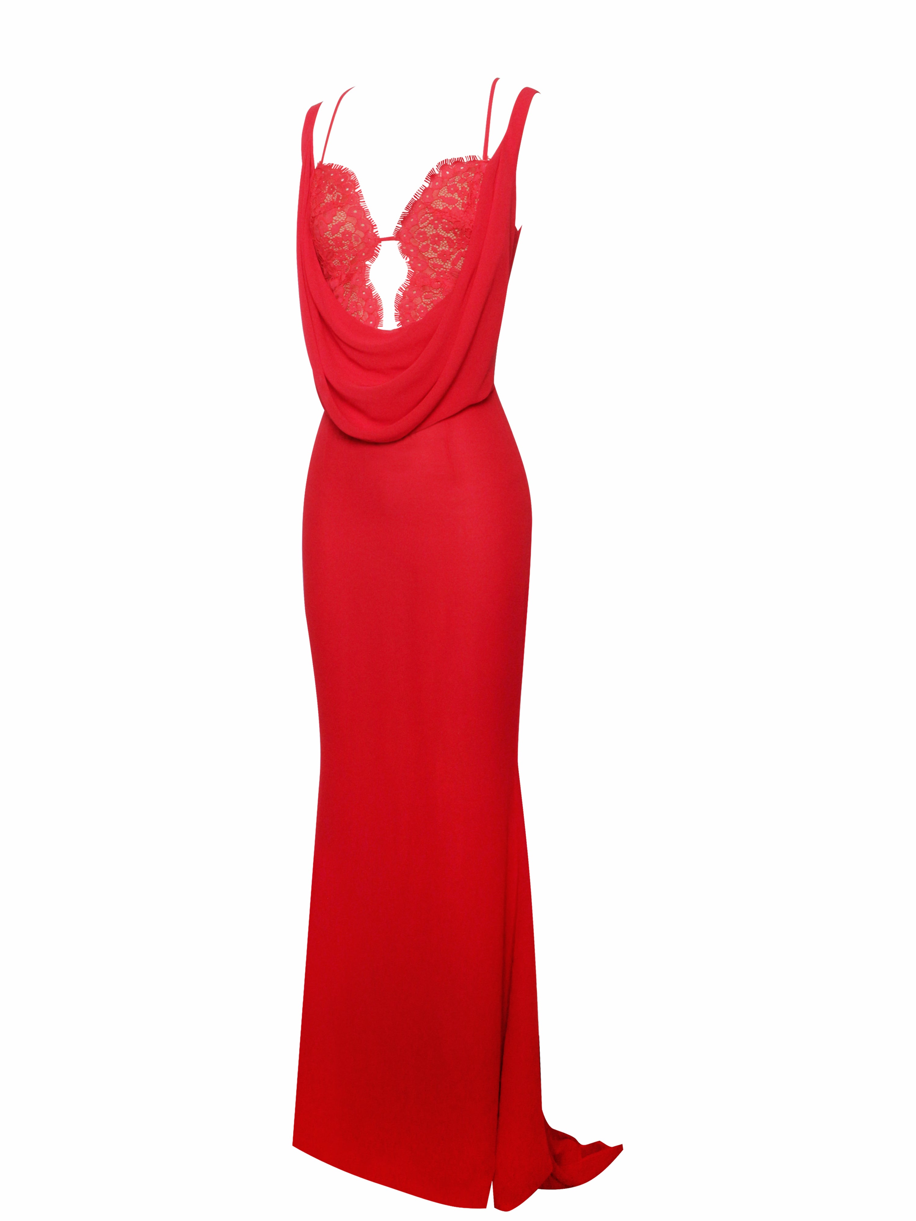 Ulanda Red Chiffon Lace Backless Maxi Train Dress