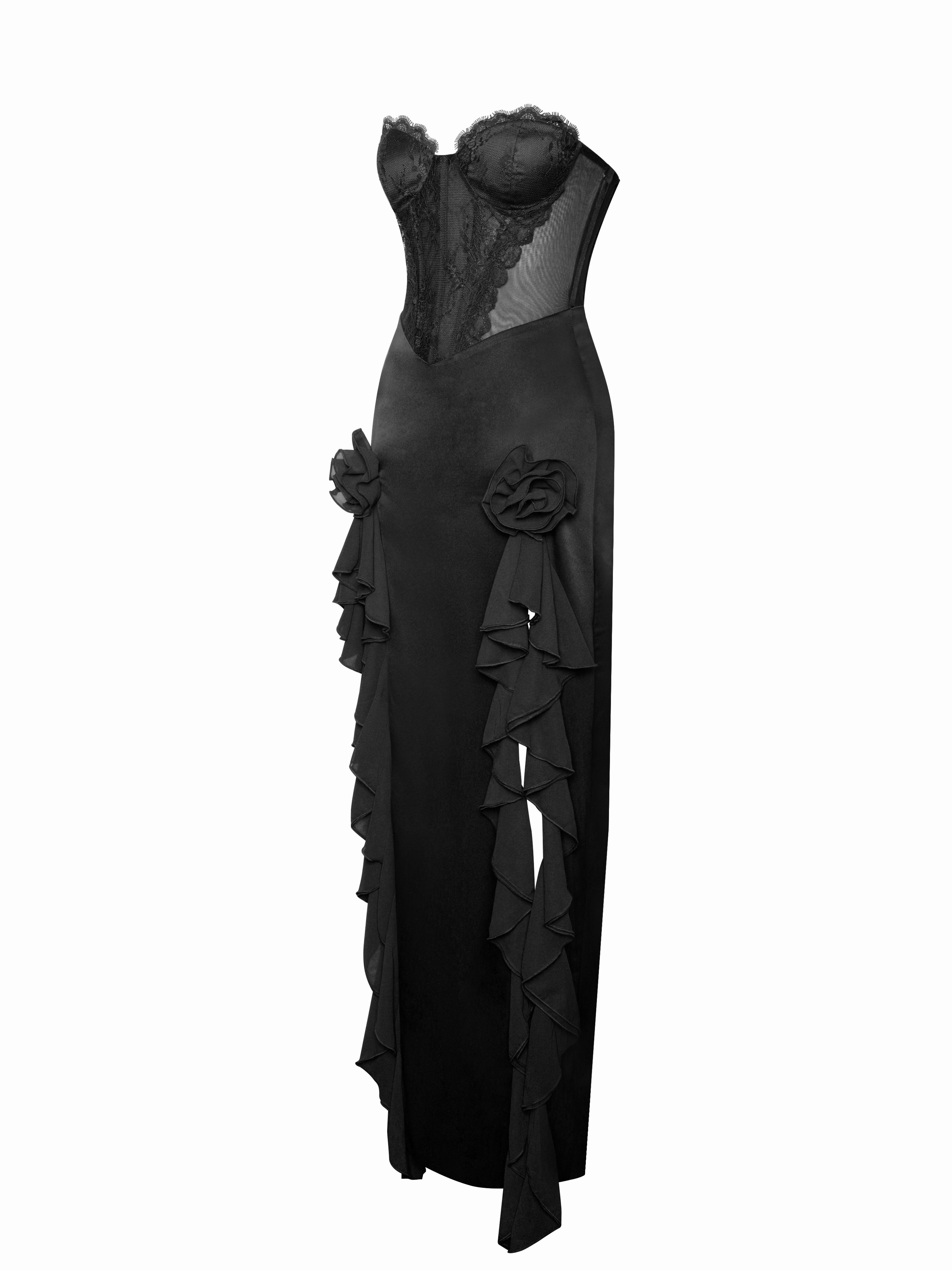 Talia Black Satin Lace Corset Maxi Dress – Miss Circle