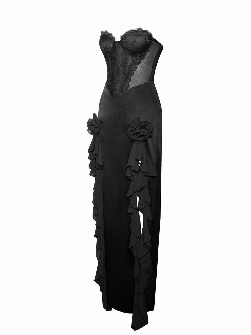 Talia Black Satin Lace Corset Maxi Dress
