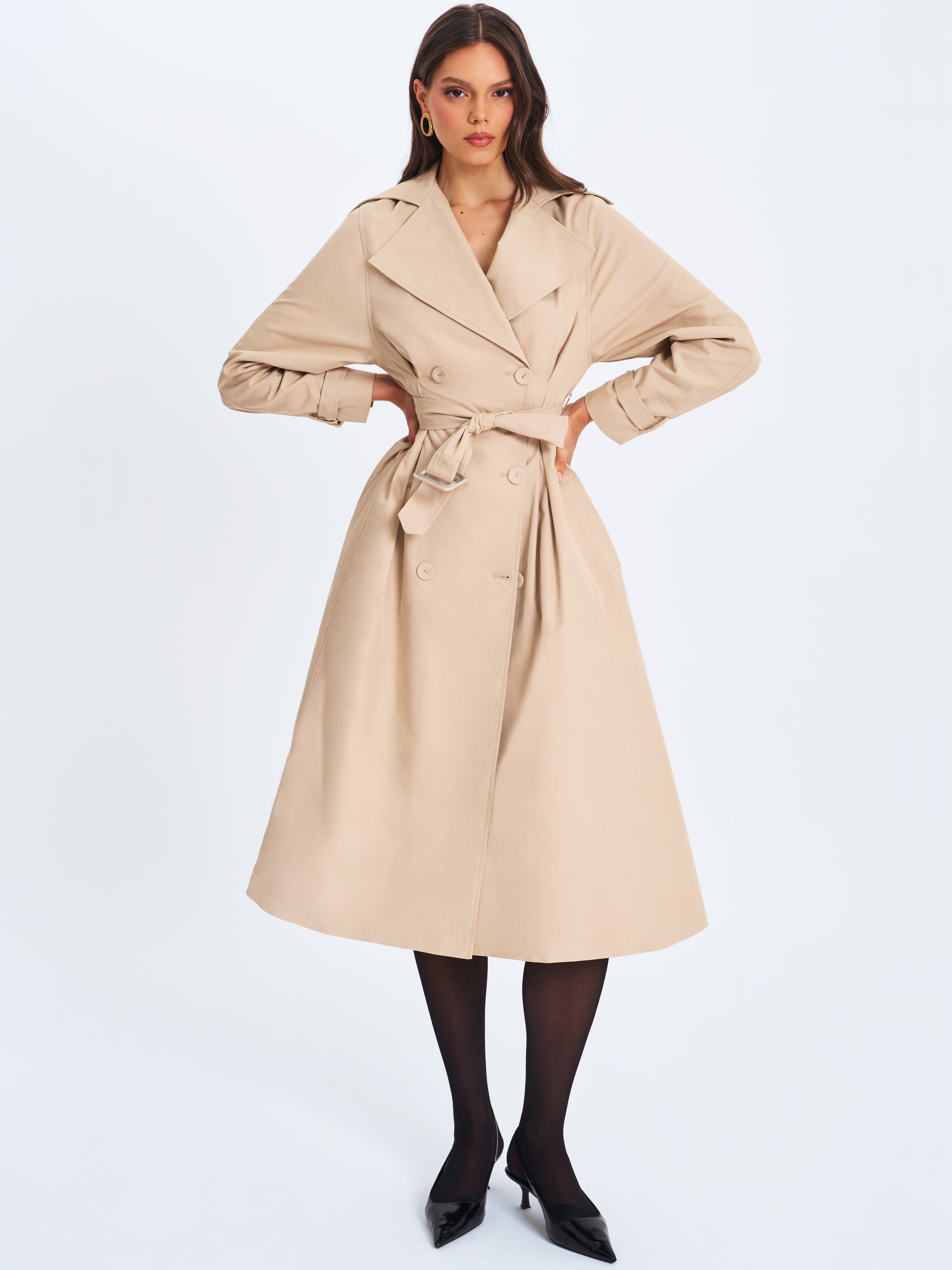 Ulila Beige Double-Breasted Pleated Cotton-Blend Trench Coat