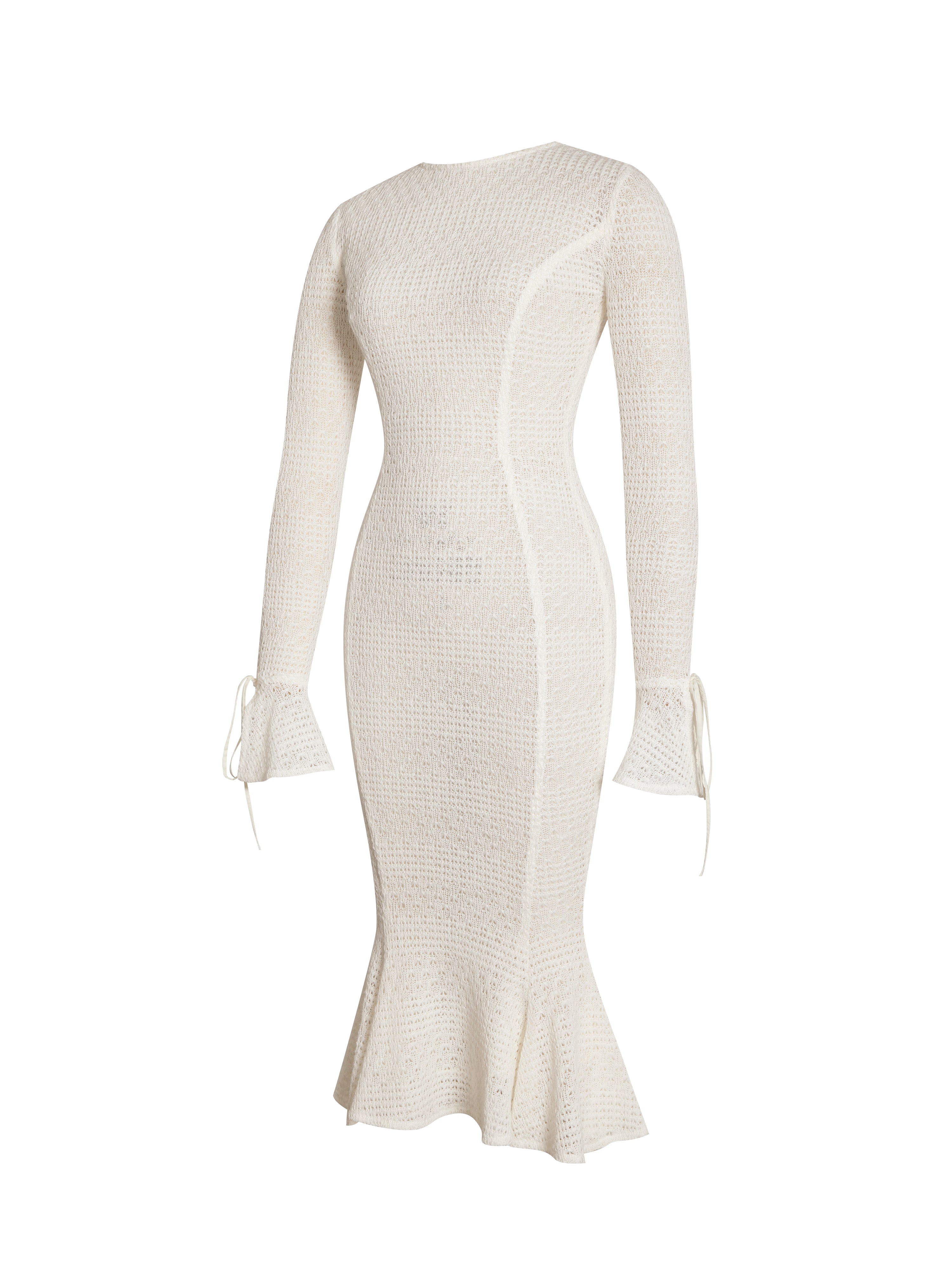 Pamina Beige Crochet Long Sleeve Midi Flare Mermaid Dress