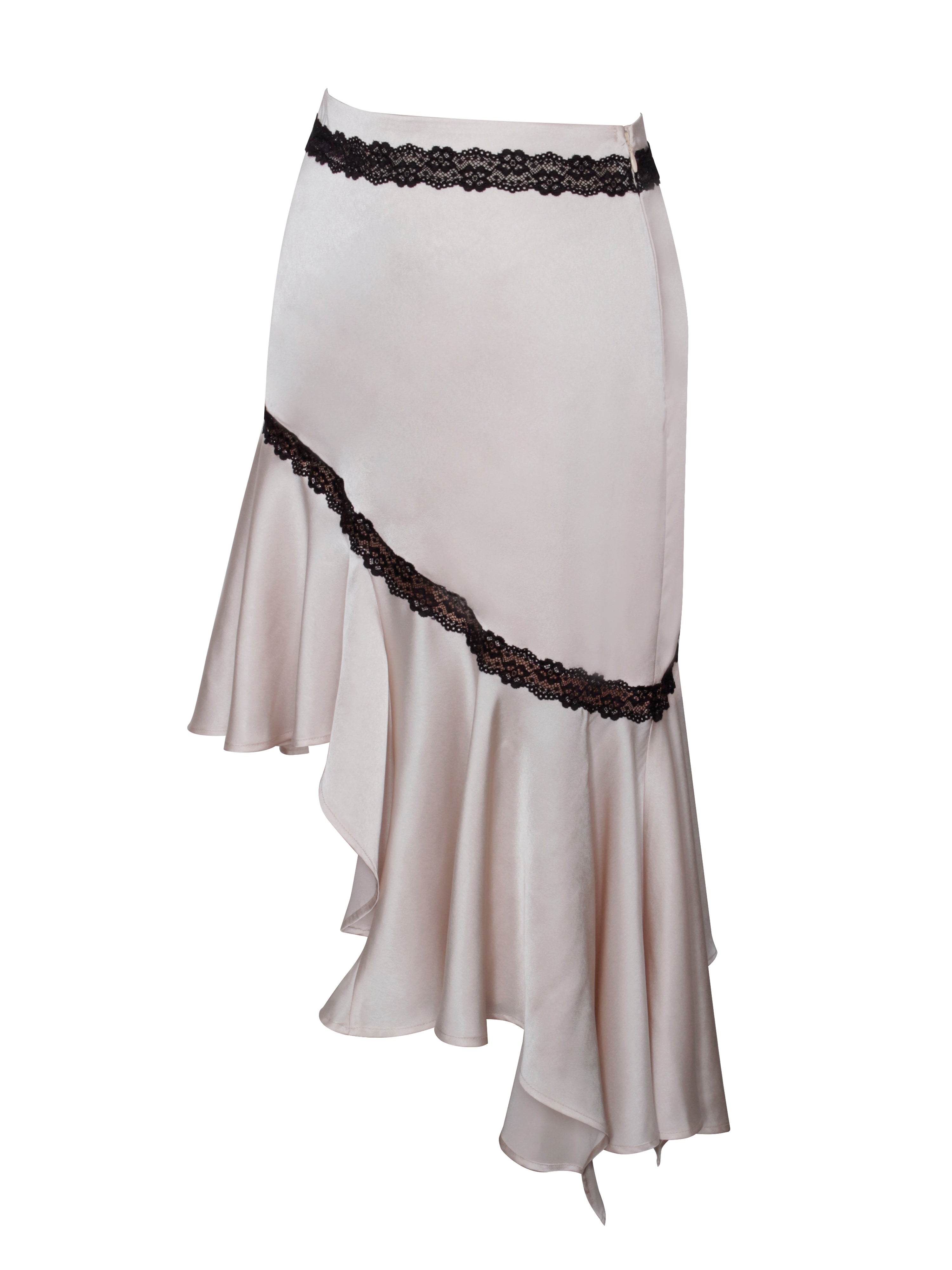 Yahvi Beige Lace Trim Satin Skirt