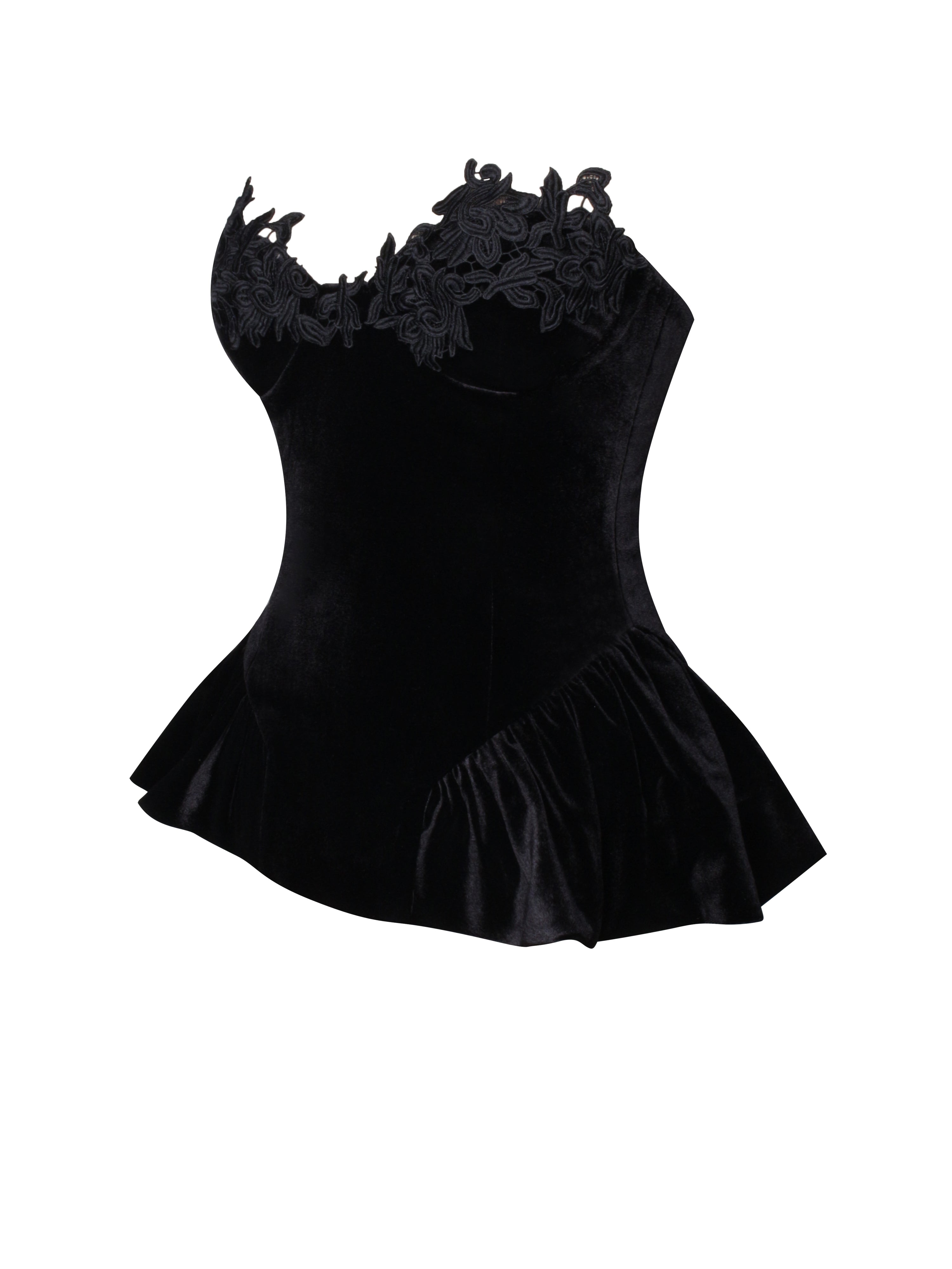 Qiara Black Velvet Peplum Top with Lace Trim