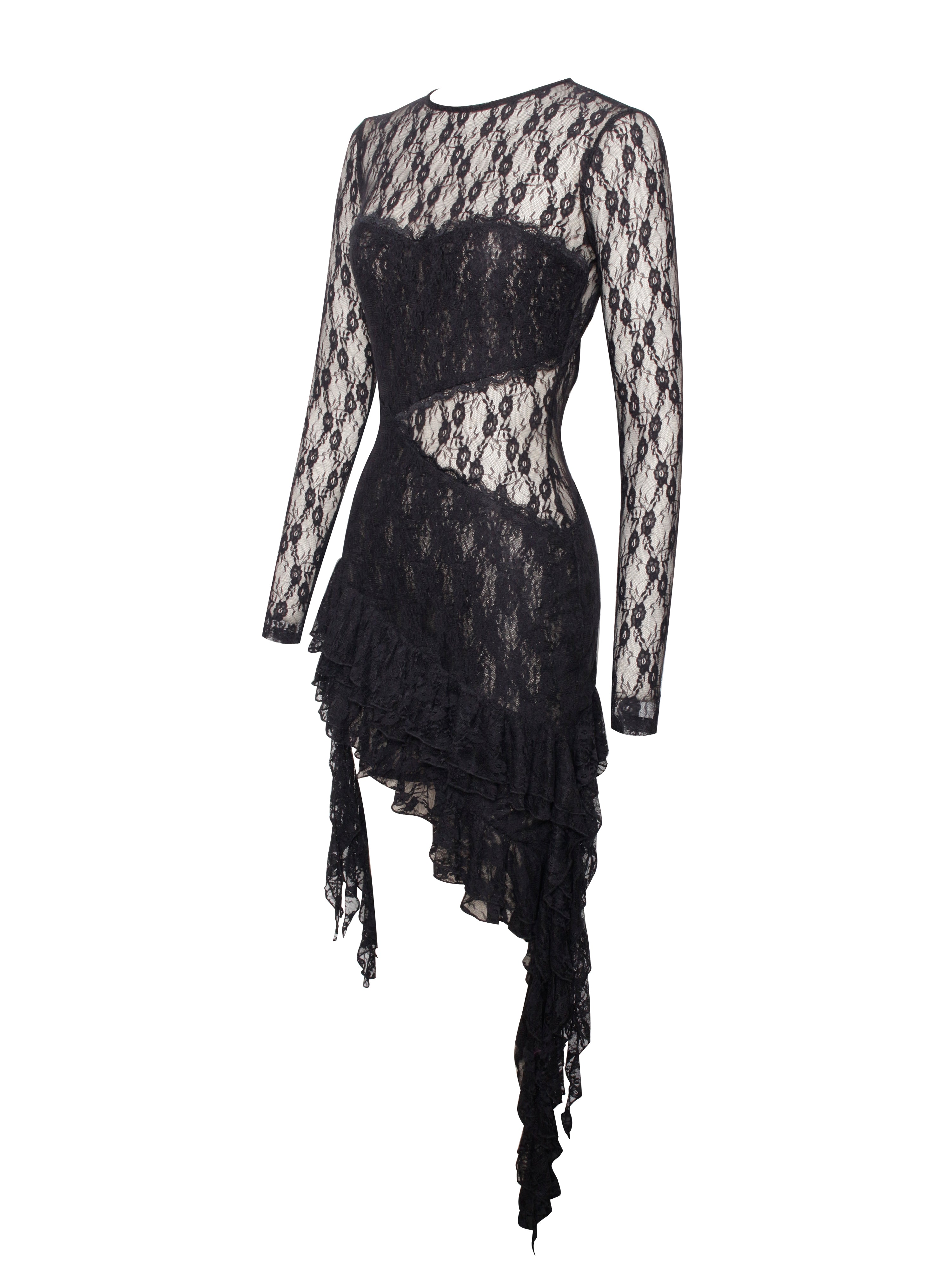 Omaira Black Lace Long Sleeve Ruffle Dress