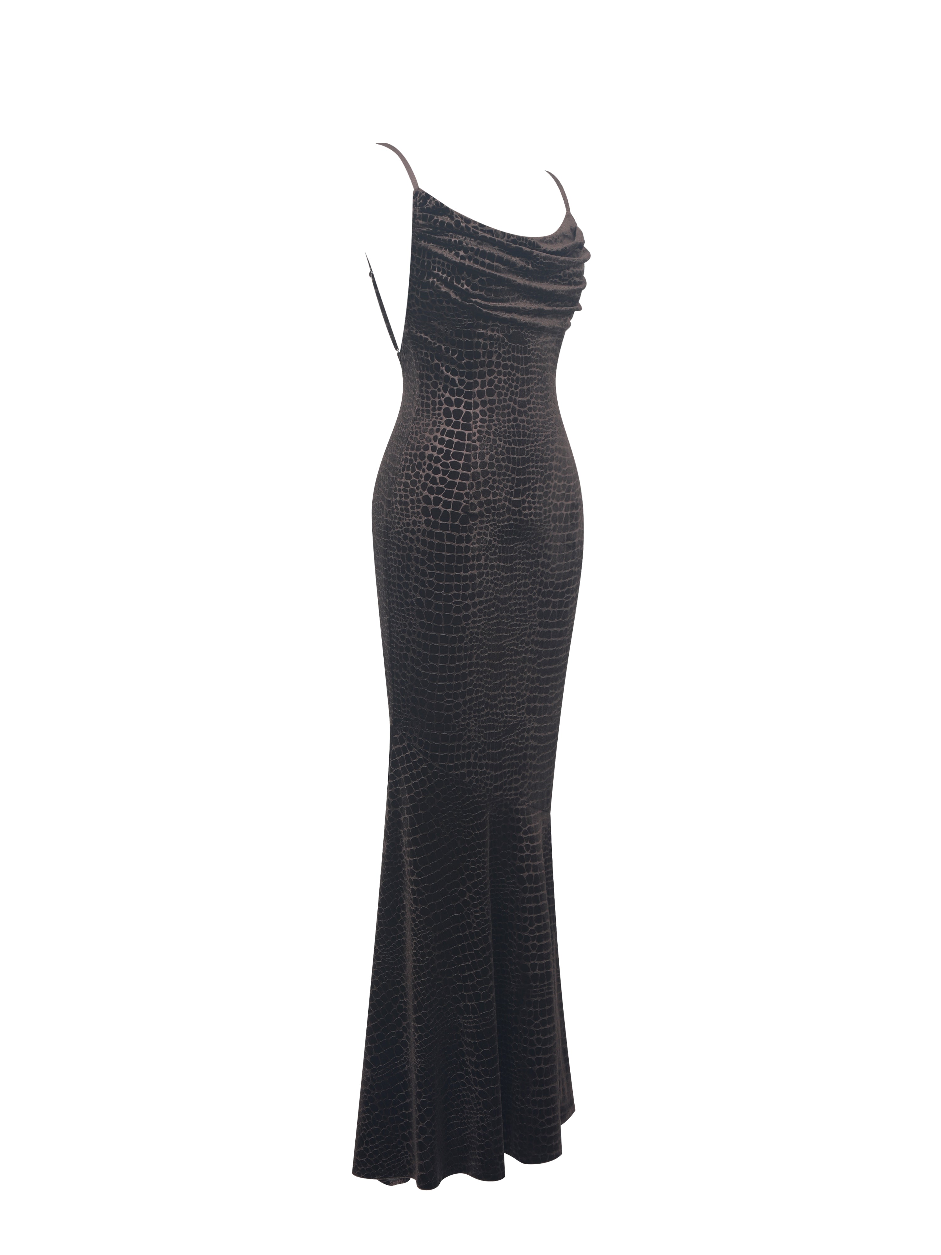 Veronique Brown Croc-Embossed Velvet Cowl Neck Mermaid Maxi Dress