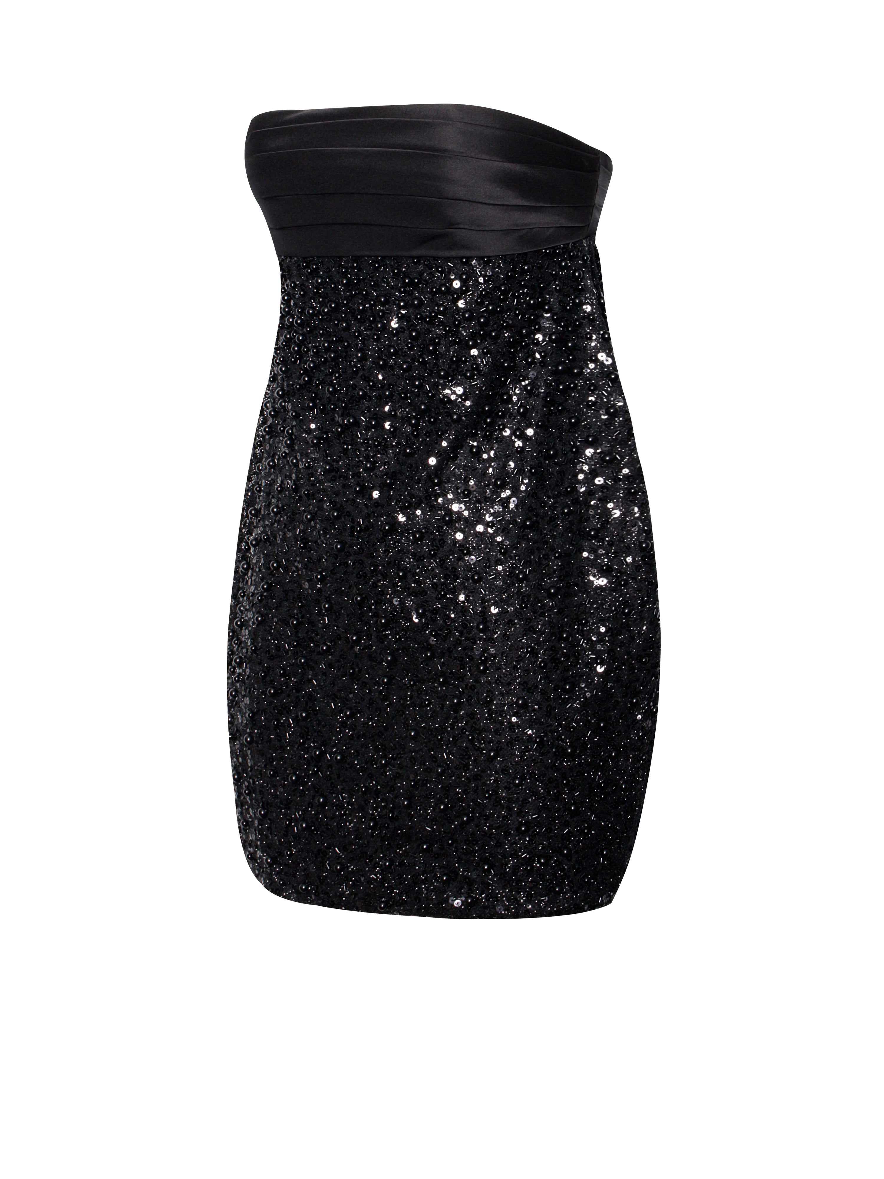 Felina Black Satin Sequin Pearls Beaded Mini Dress