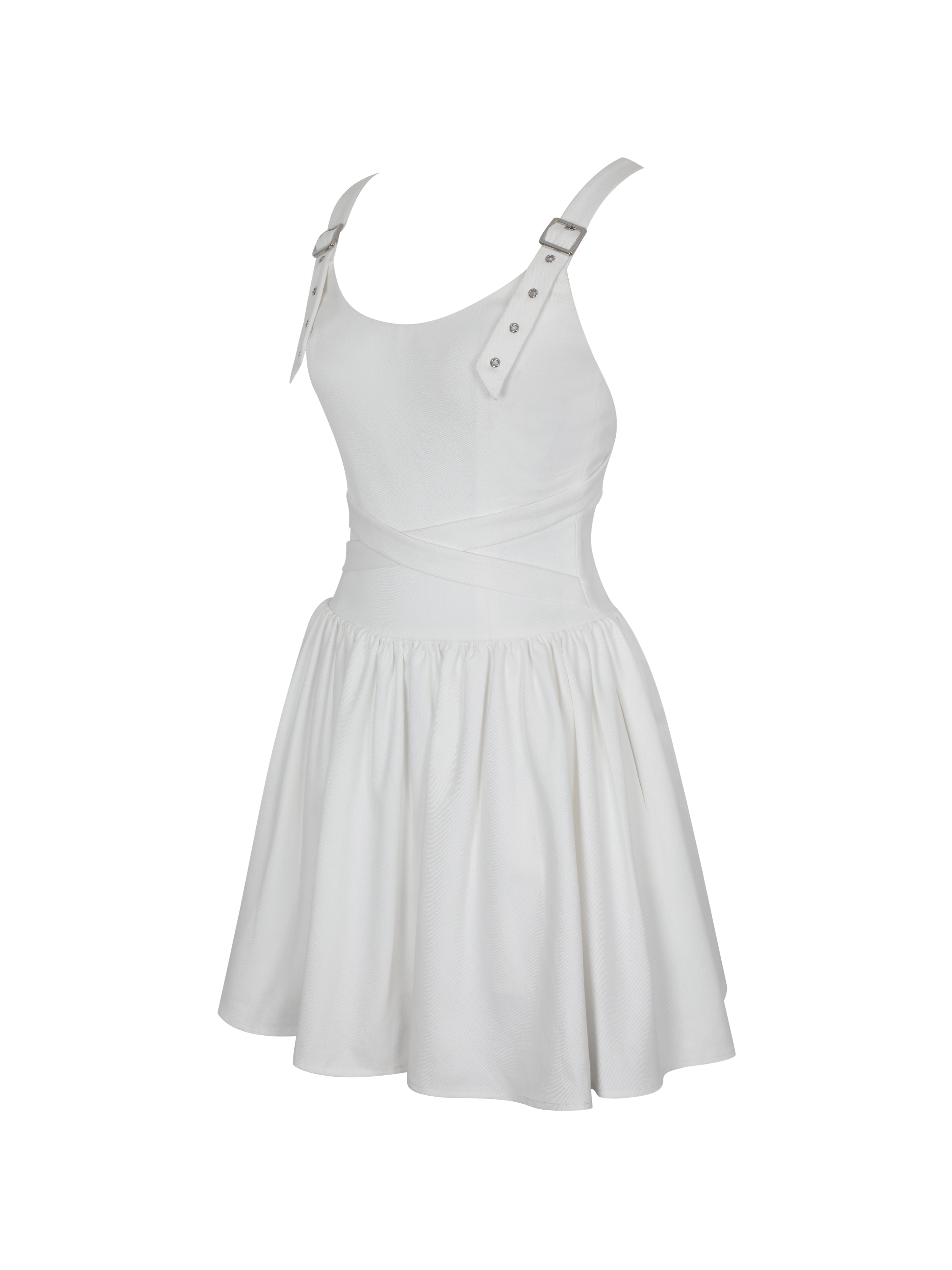 Francine White Cotton Denim Crossover Strap Mini Dress