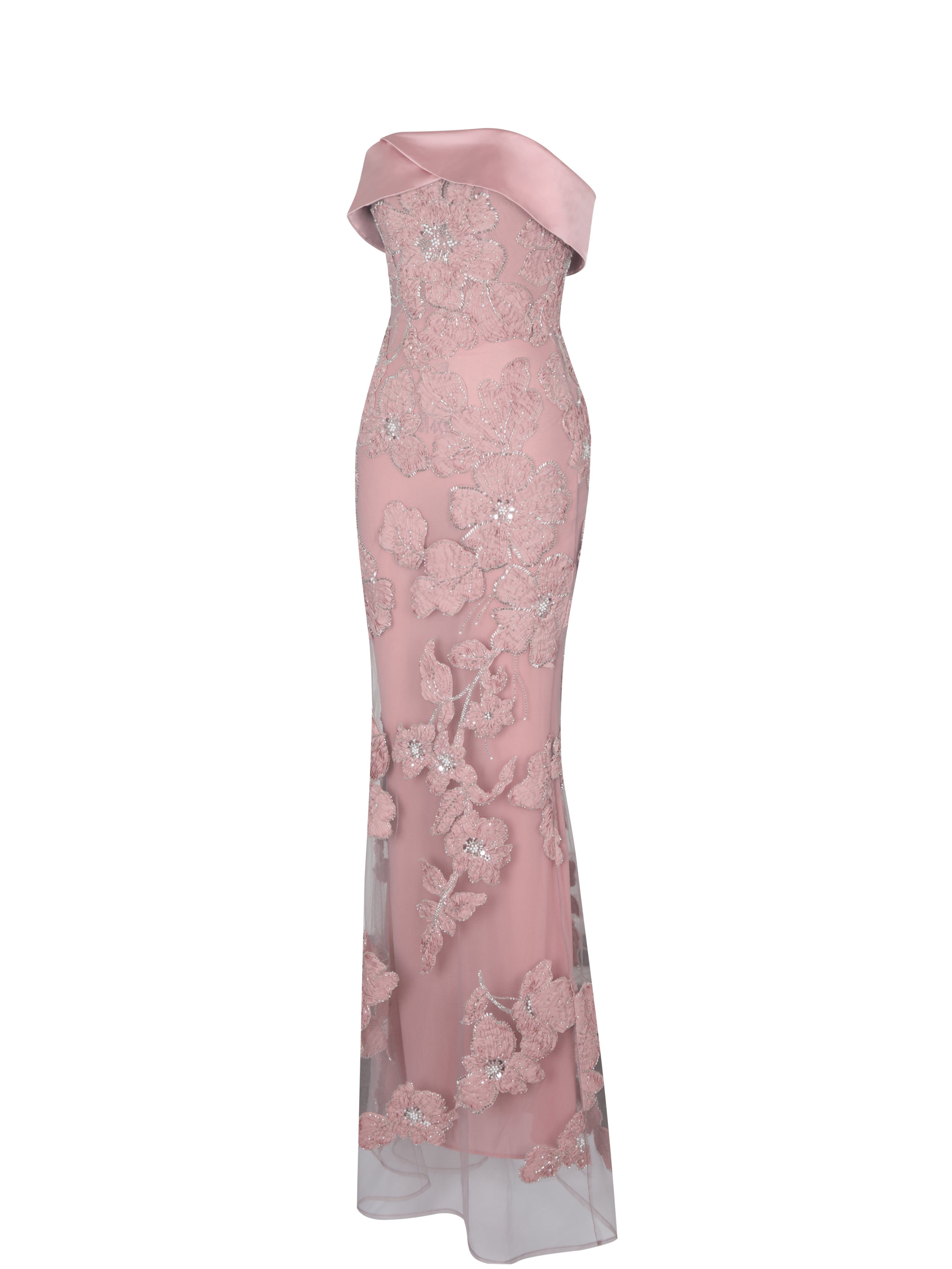 Raphaela Dusty Pink Beaded Floral Strapless Mermaid Maxi Dress