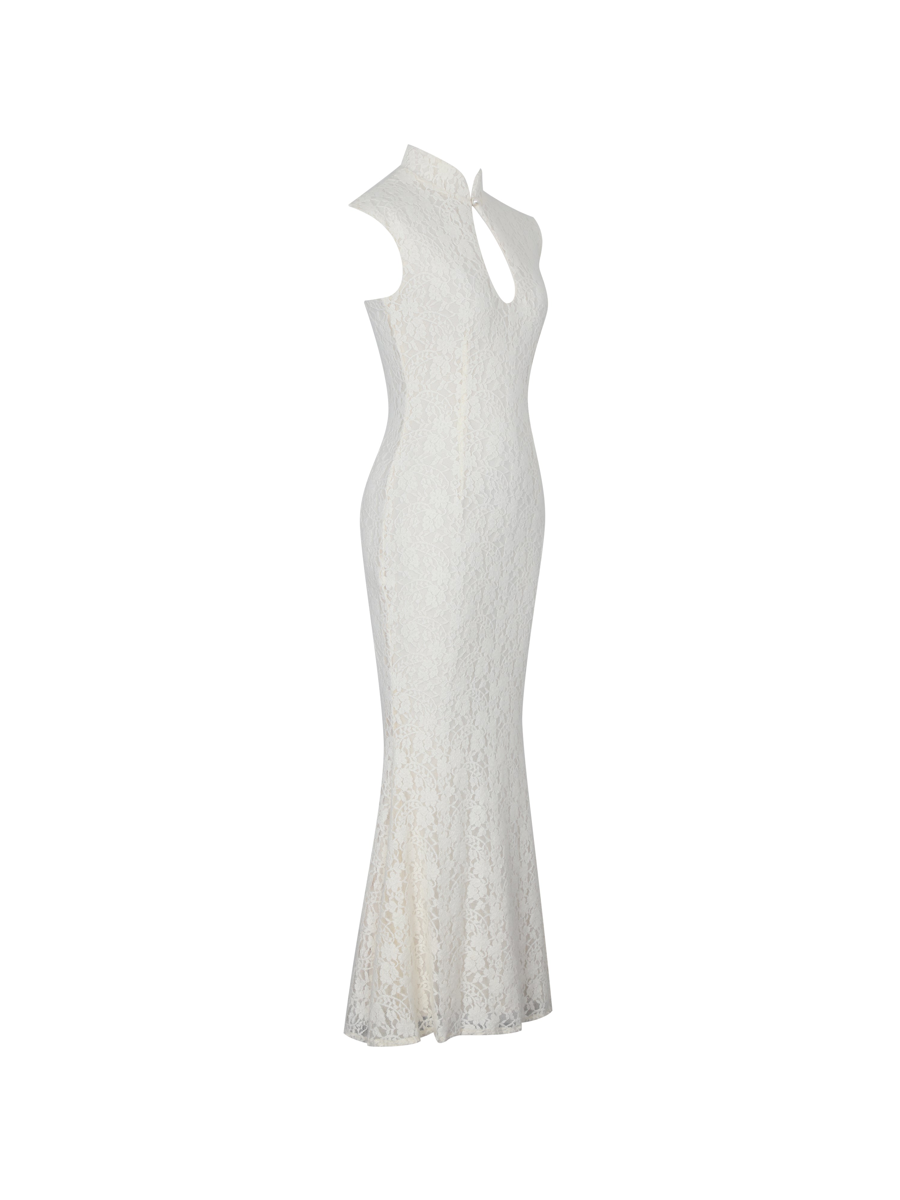 Garcelle Cream Brushed Lace Keyhole Mermaid Midi Dress