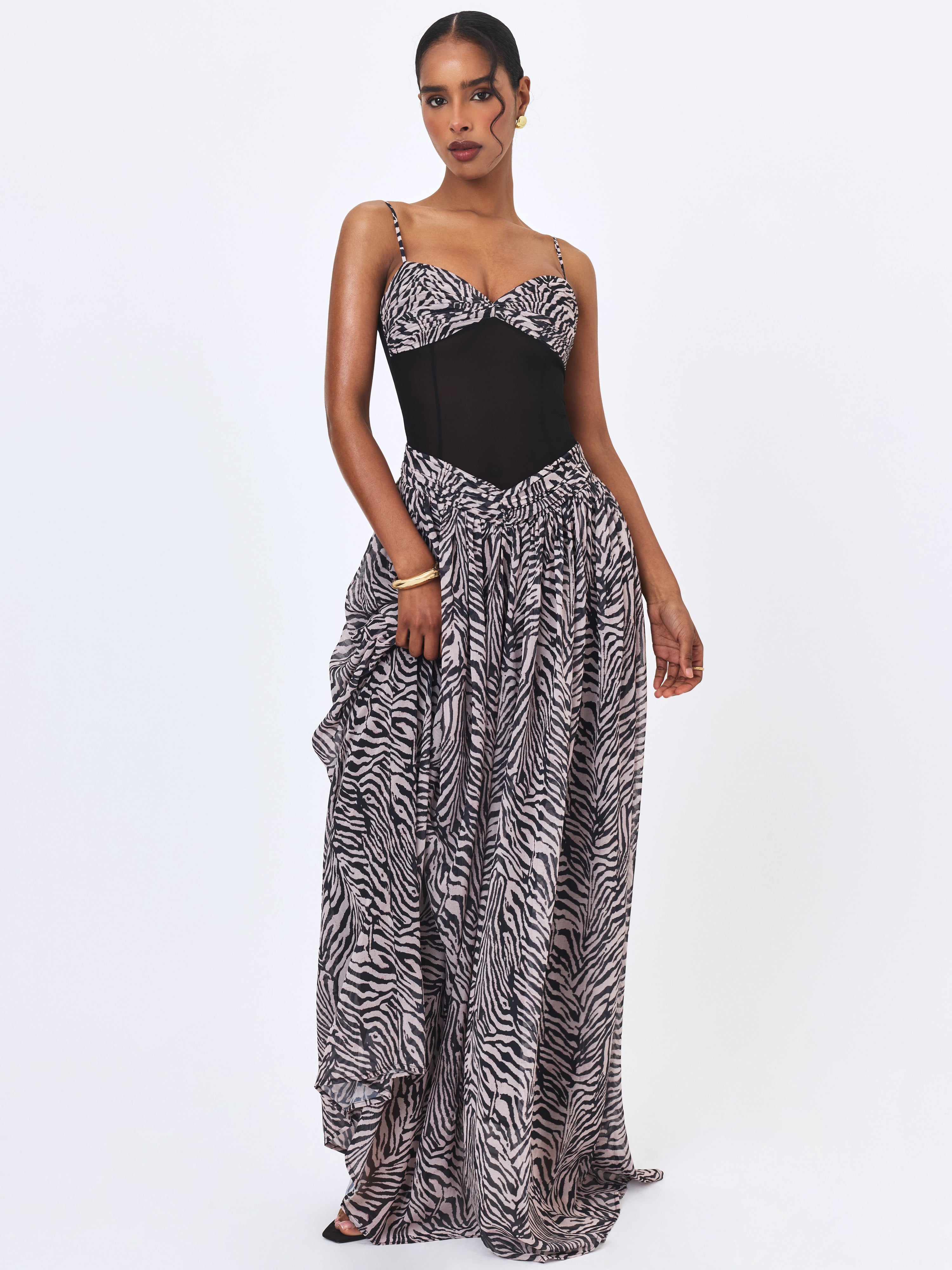 Onora Zebra Print Chiffon Dipped Waist Maxi Dress
