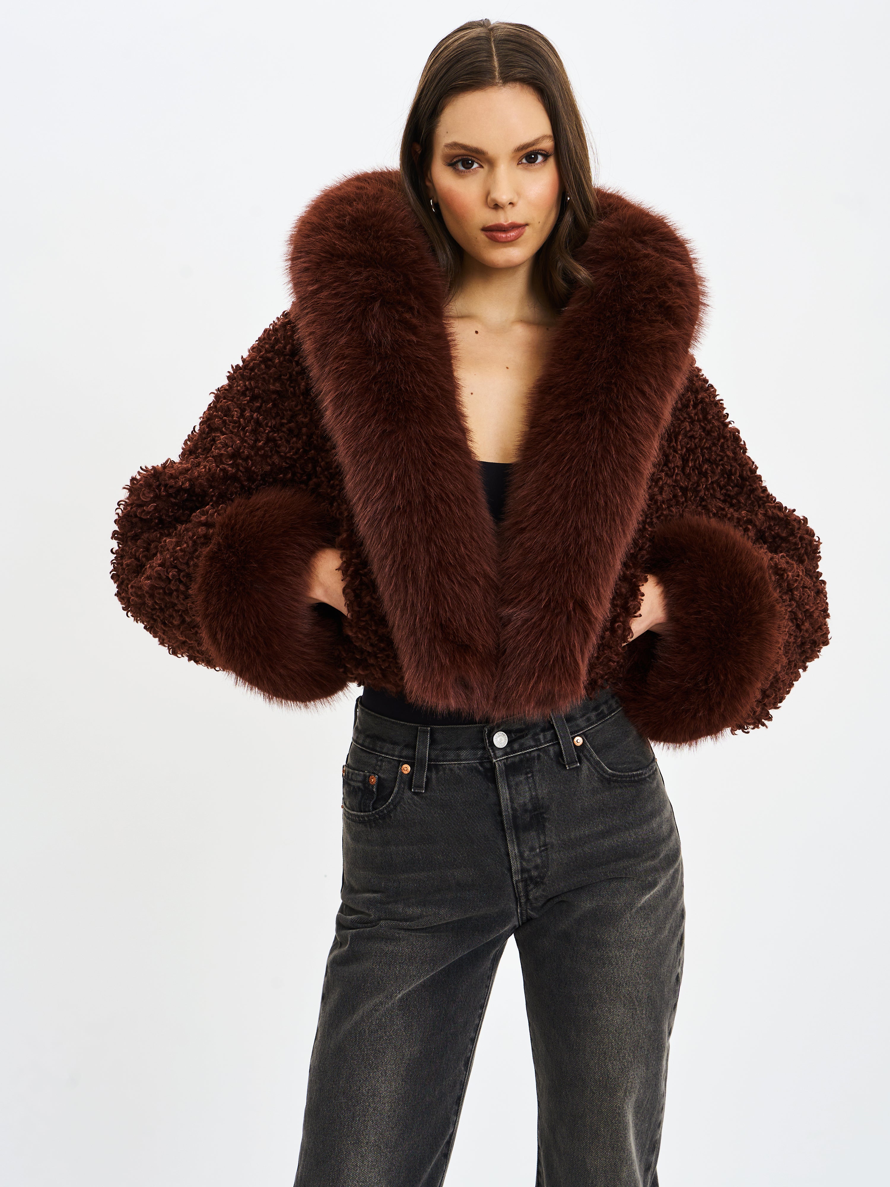Kali Mahogany Cropped Vegan Shearling Fur Jacket