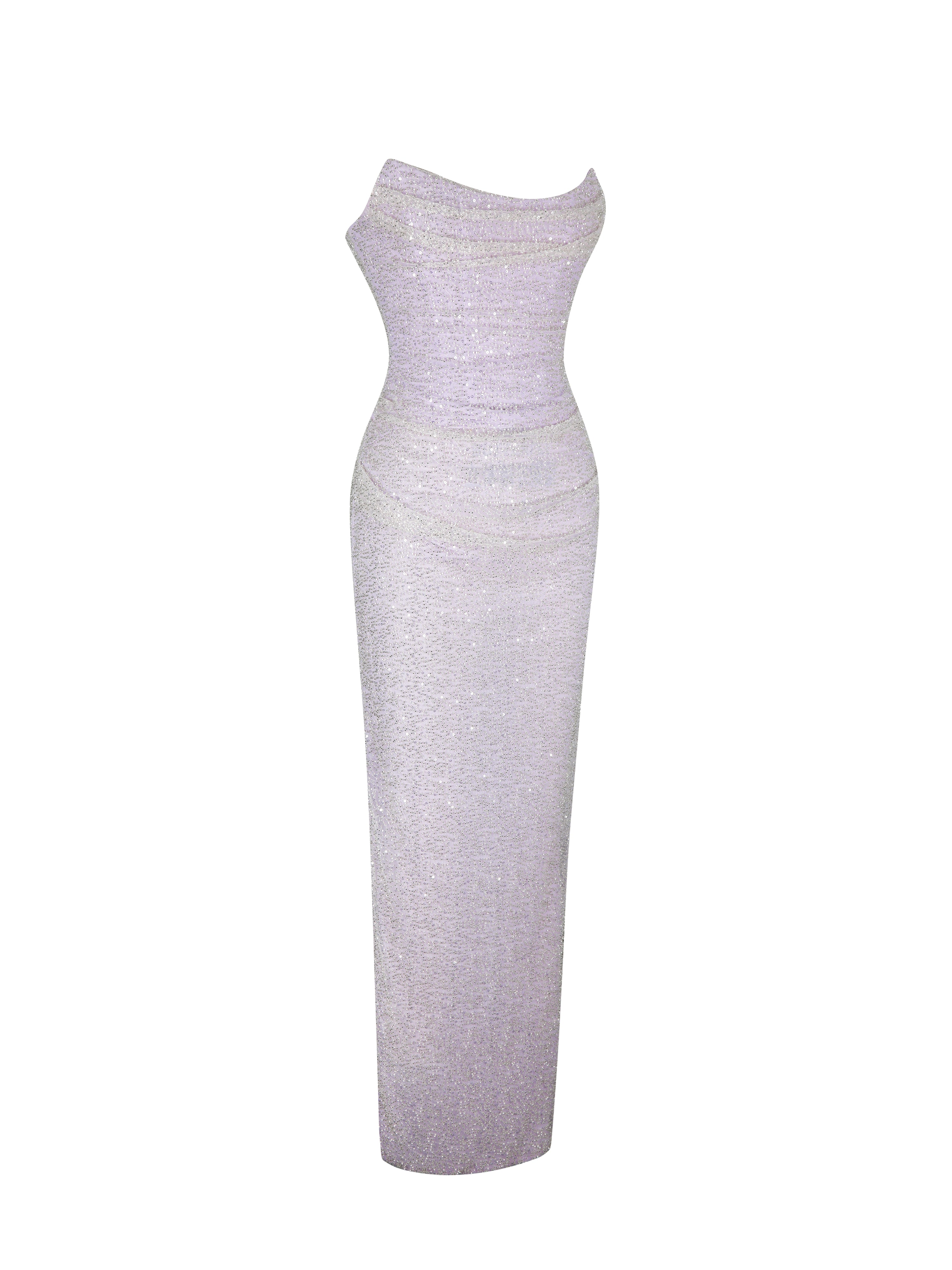 Raylee Lilac Beaded Mesh Strapless Sheath Maxi Dress