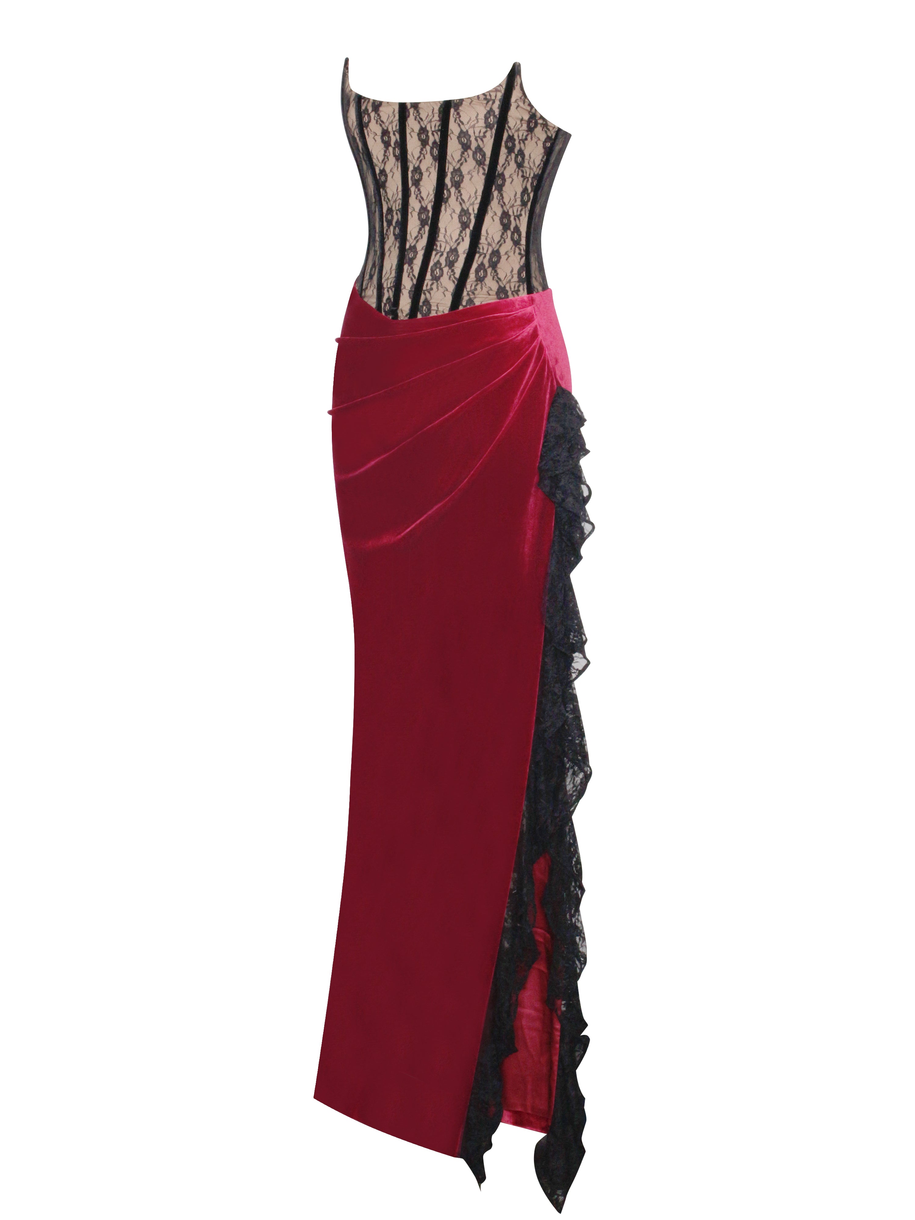 Gaia Burgundy Lace Velvet Corset Side Slit Dress