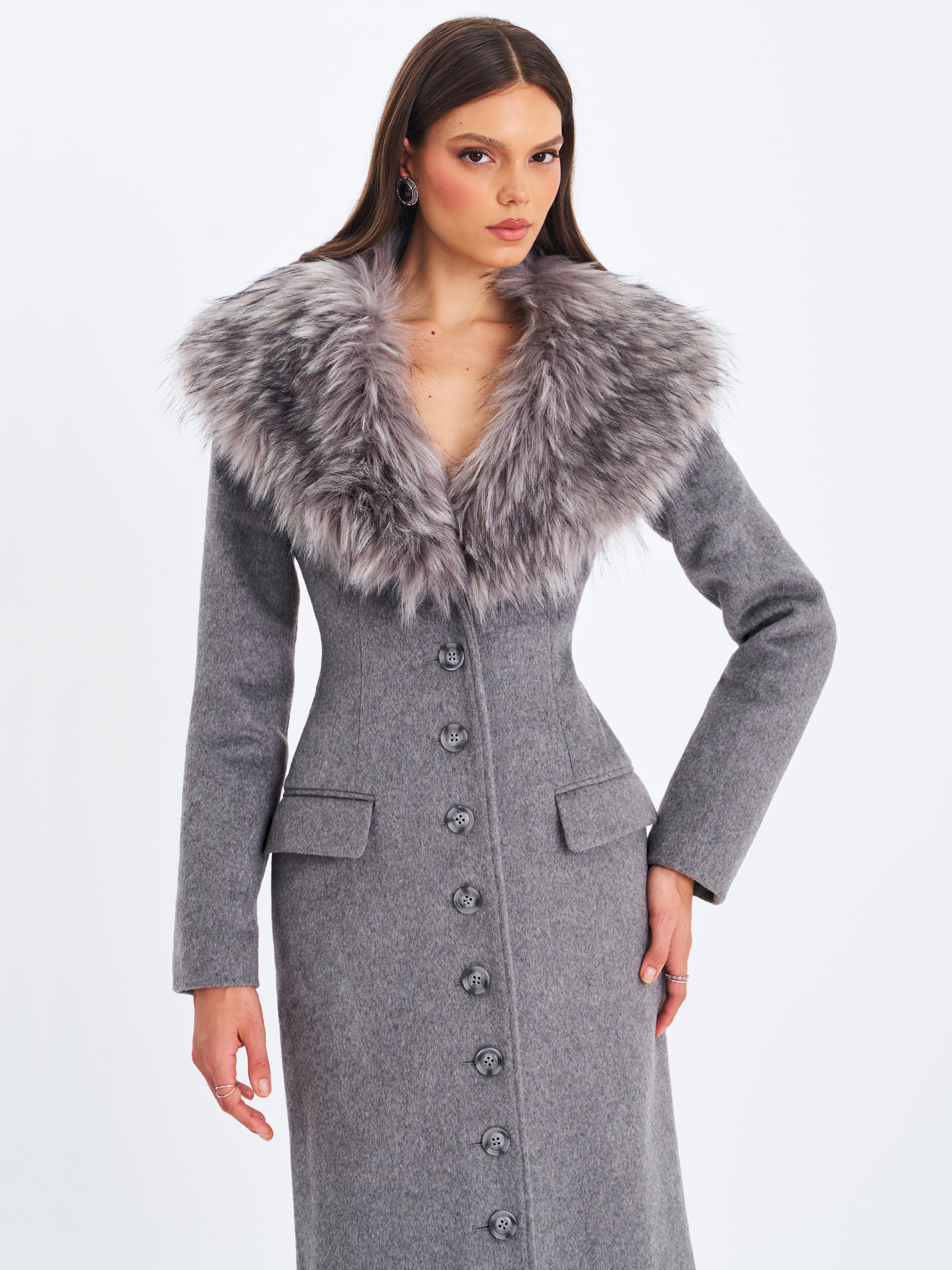 Faye Grey Wool Blend Single-Breasted Coat with Removable Faux Fur Coll
