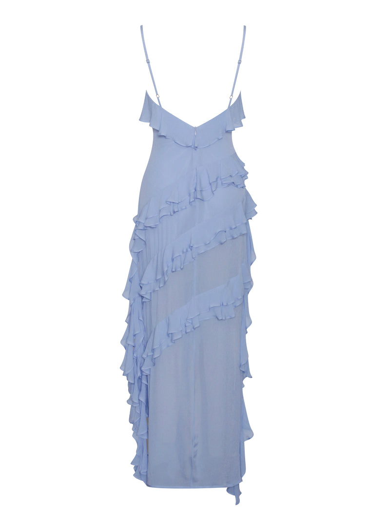 Theodora Cornflower Blue Rayon Ruffle Maxi Dress