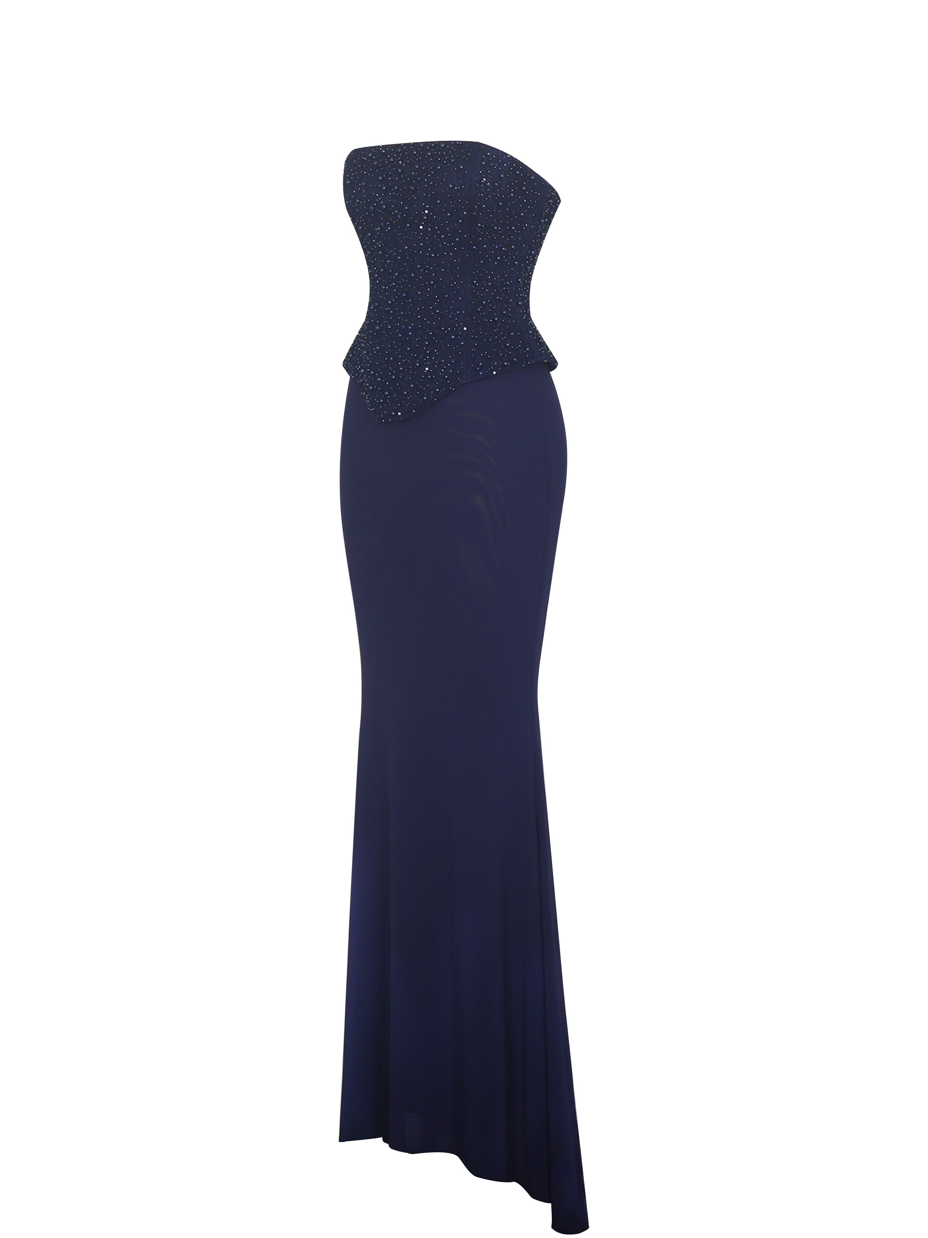 Orabelle Navy Beaded Peplum Mermaid Gown with Lace-up Back