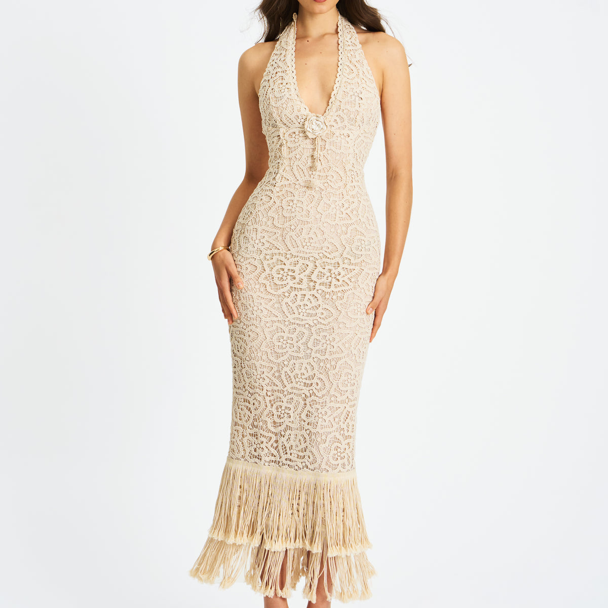 Faelyn Off-White Double Fringe Crochet Halter Maxi Dress display picture 1