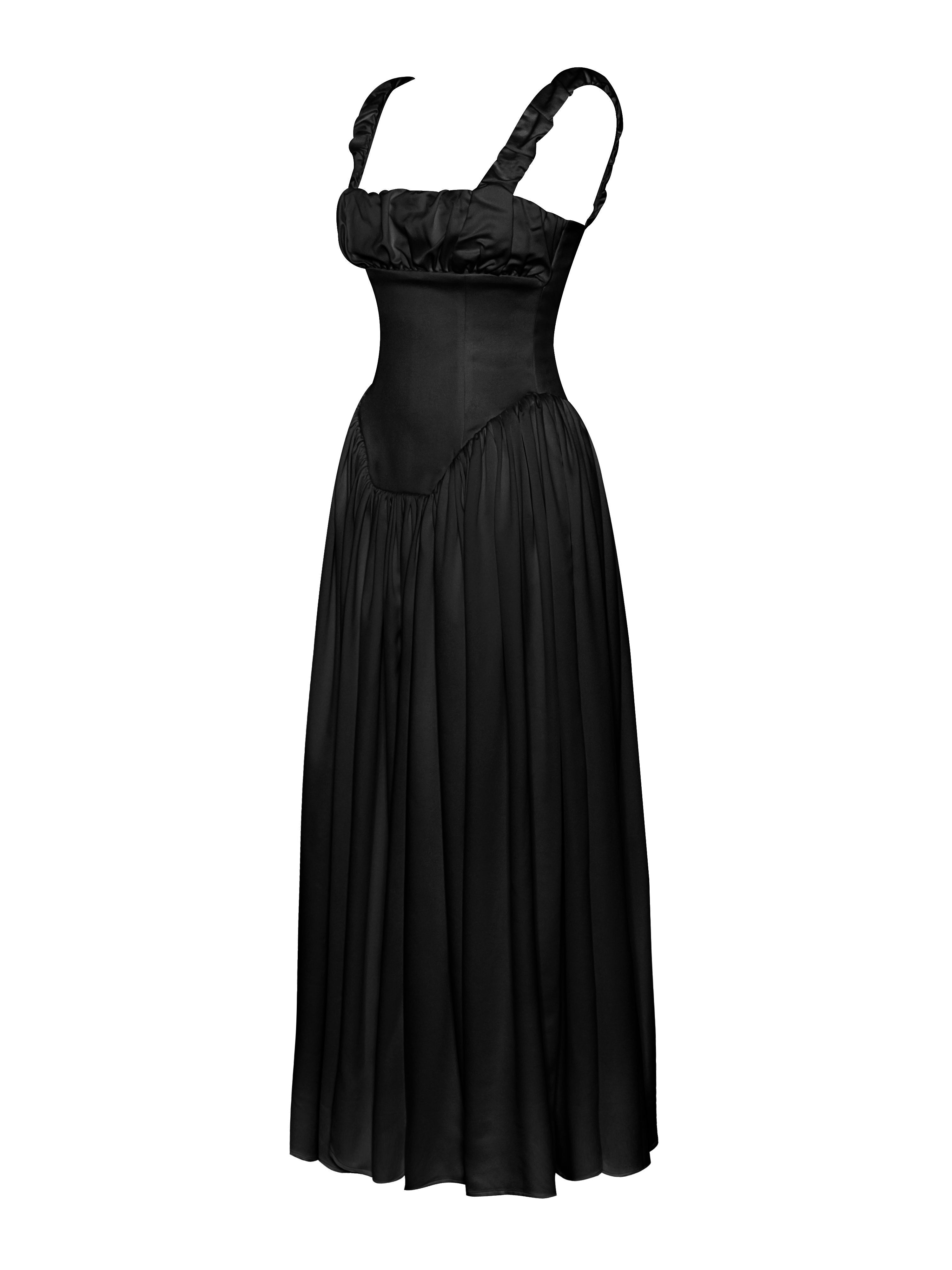 Noreen Black Satin Drop Waist Maxi Sundress