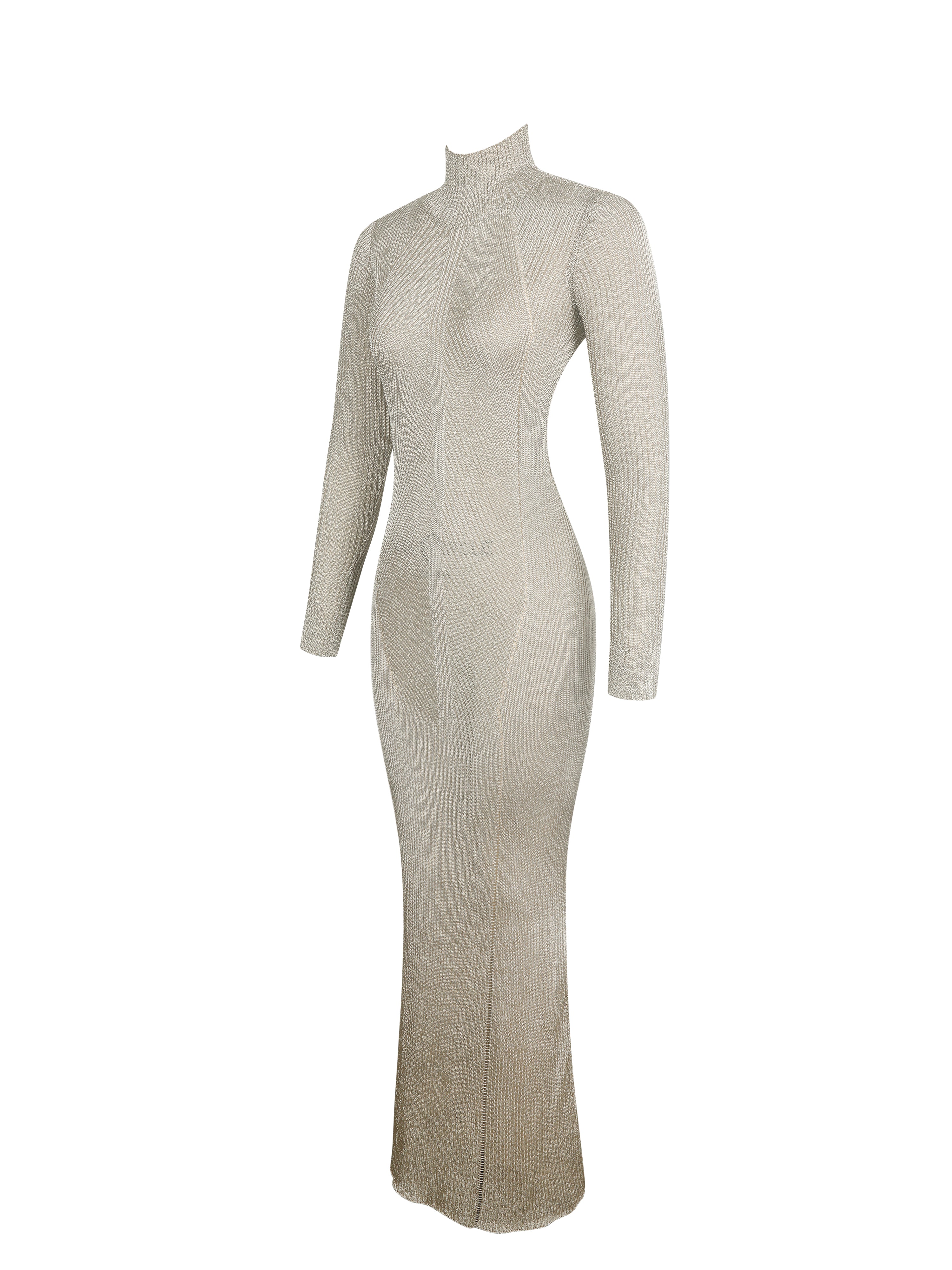 Shay Gold Stretch Knit Backless Long Sleeve Maxi Dress