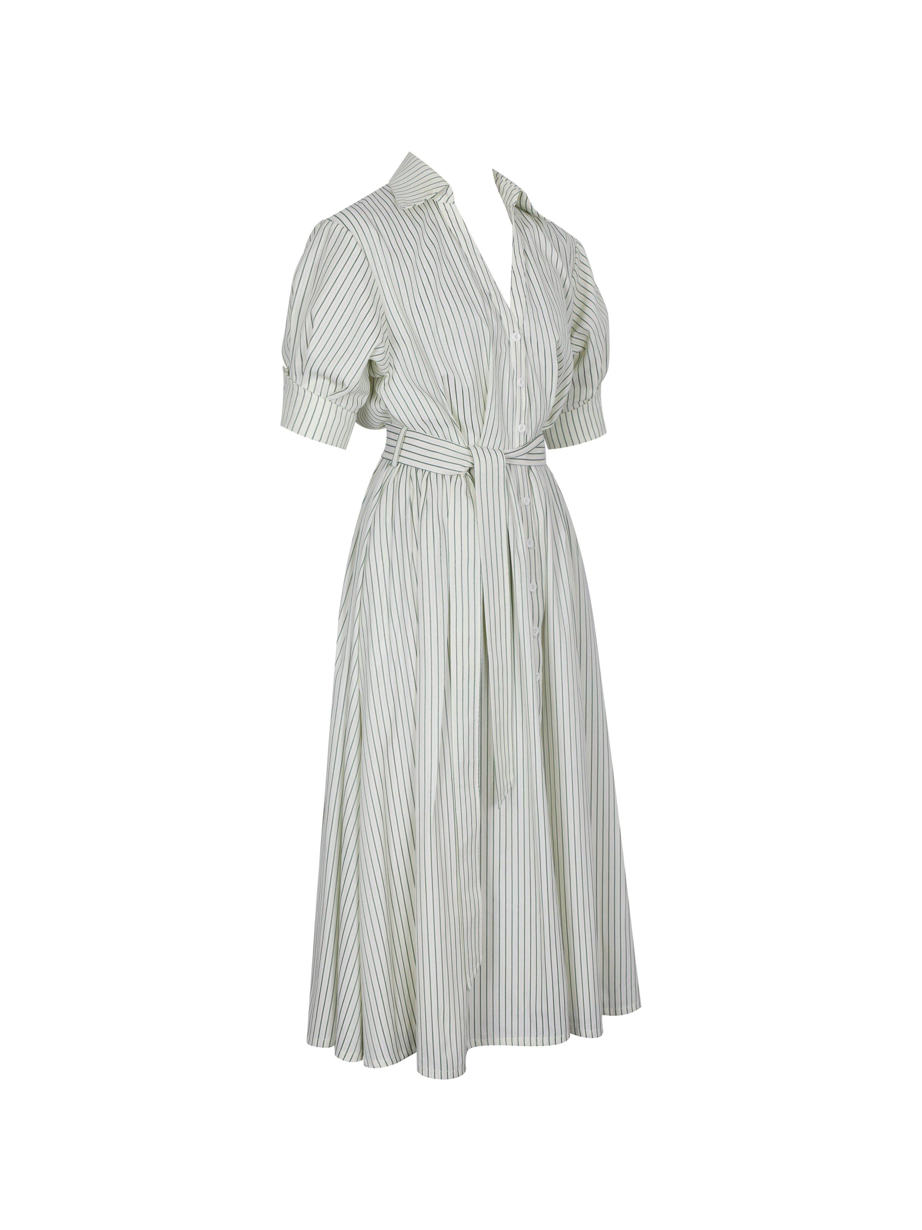 Danica Pine Green Bamboo Poplin Striped Shirt Midi Dress