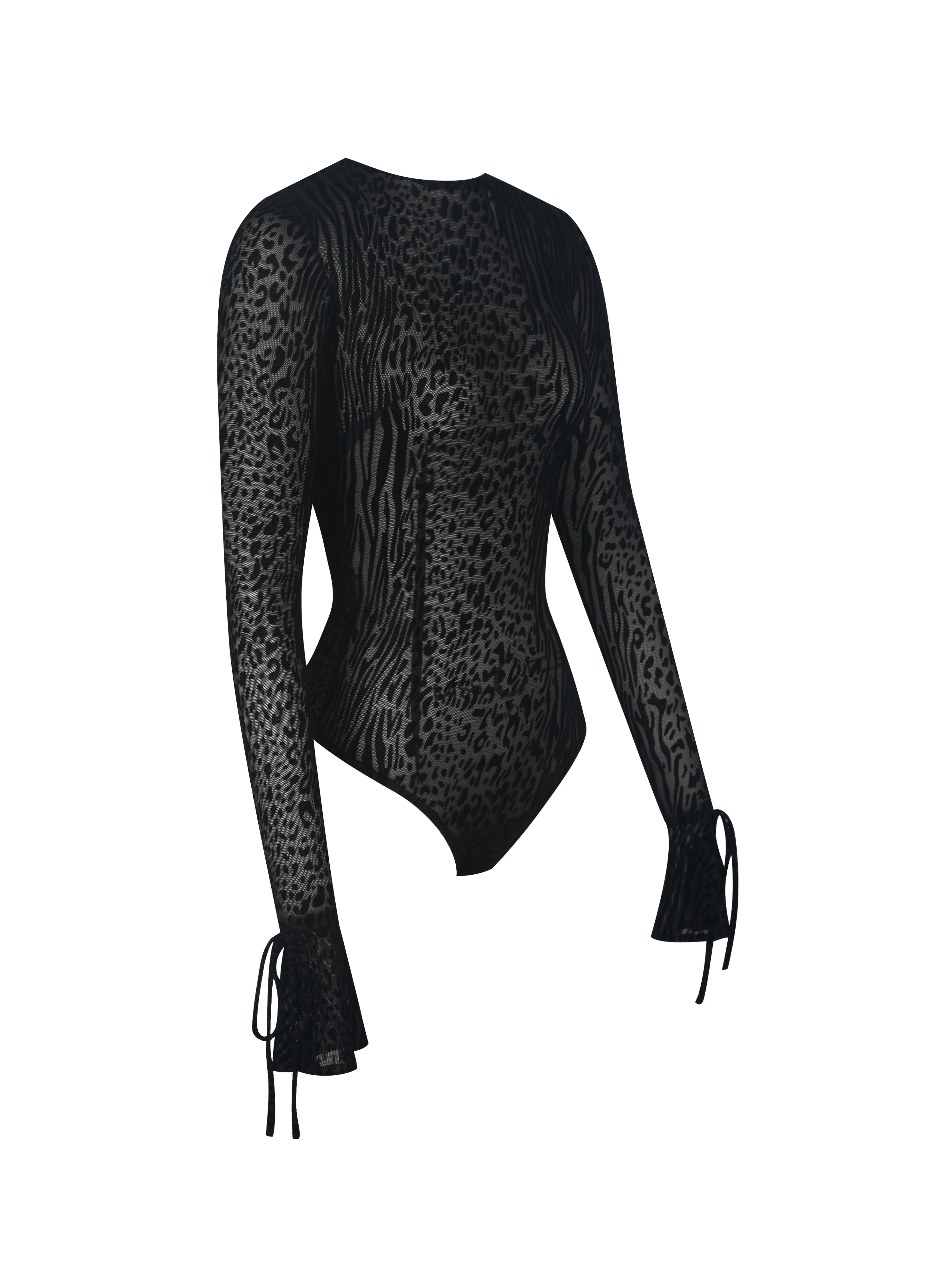 Ibera Black Animal Print Burnout Velvet Long Sleeve Bodysuit