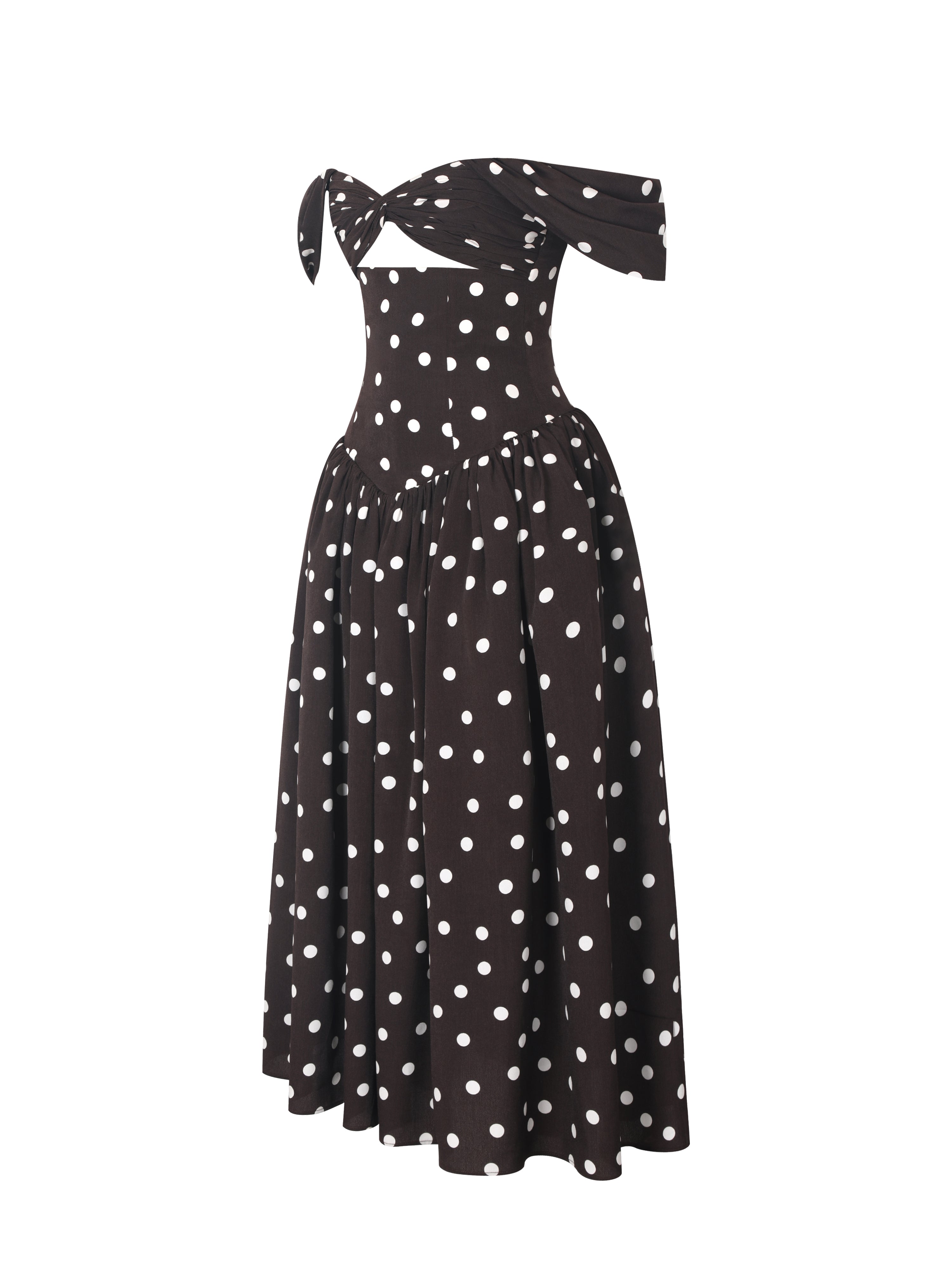 Xandie Mocha Polka Dot Off-Shoulder Midi Dress