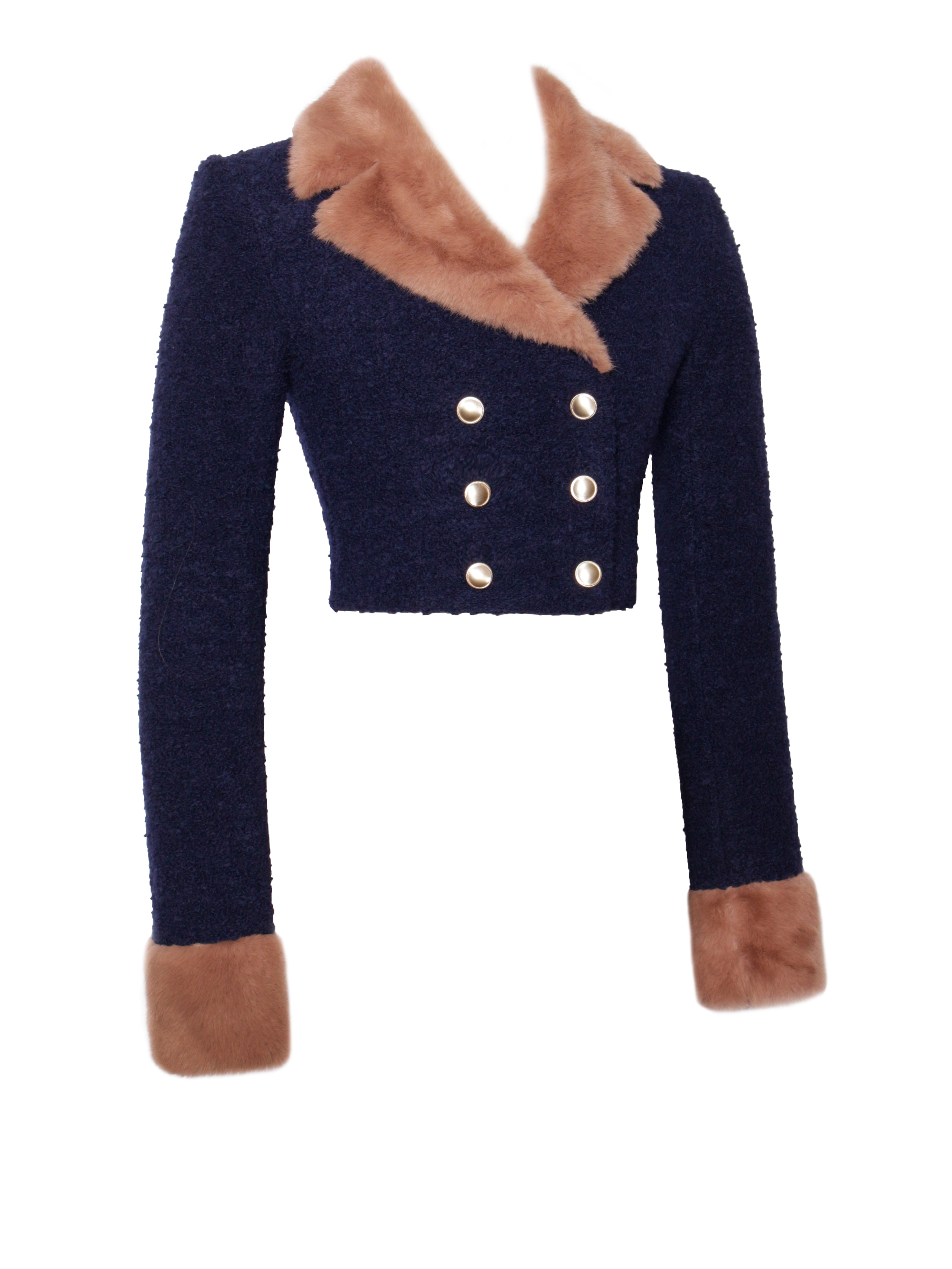 Wava Navy Blue Double Breast Fur Trim Cropped Boucle Wool Jacket