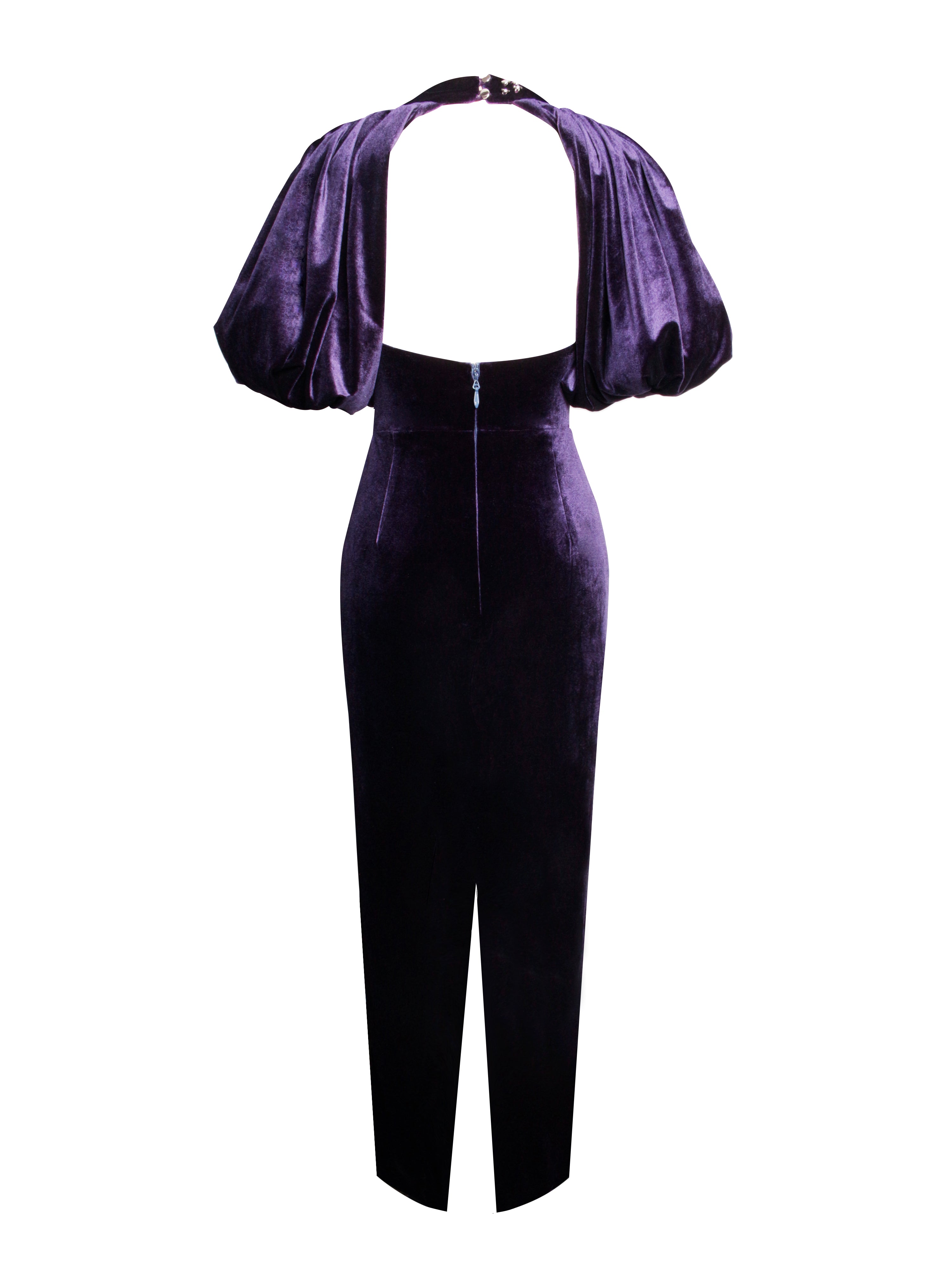 Coraline Purple Velvet Bubble Sleeve Backless Maxi Dress