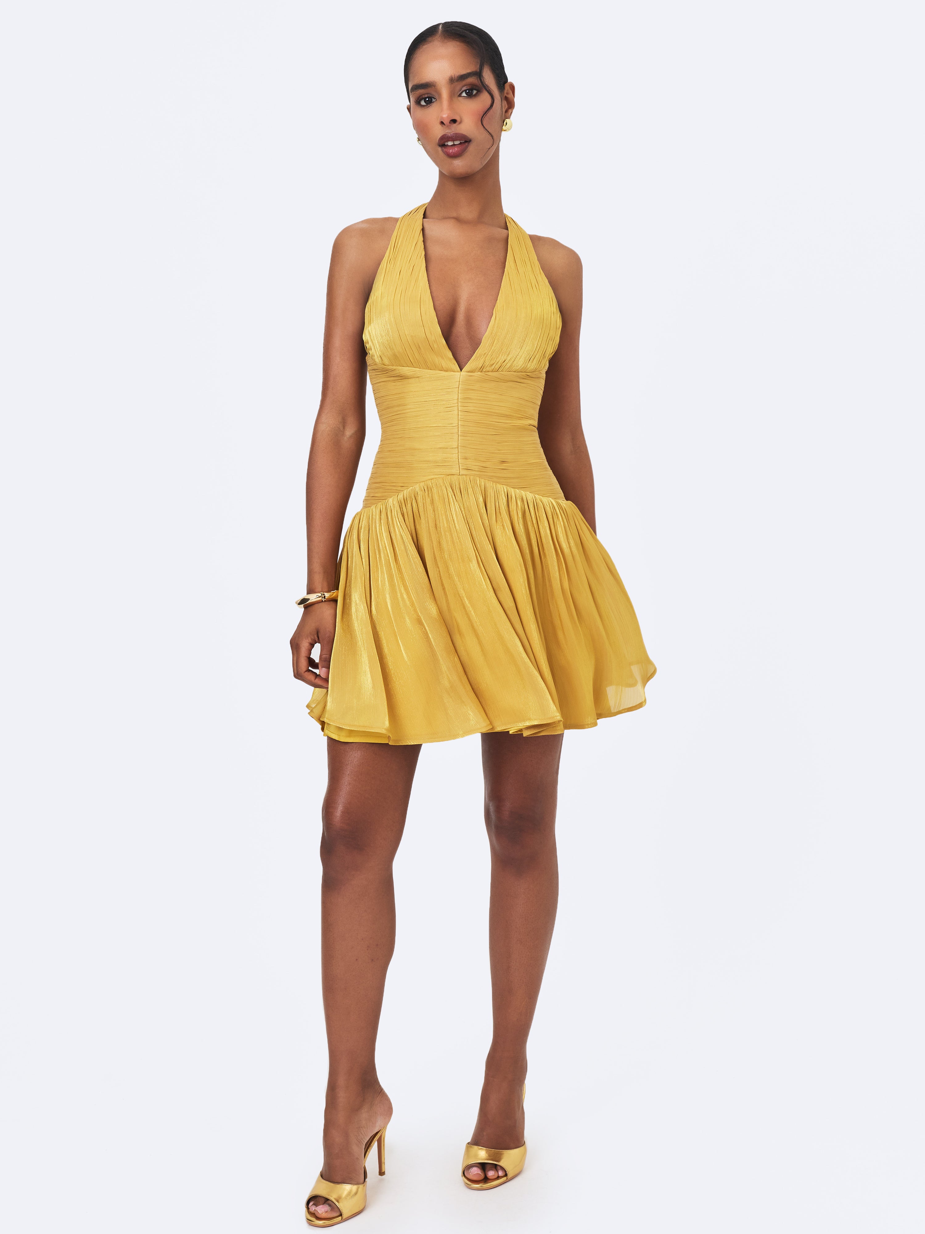 Xavia Gold Crystal Organza Plunging Halter Mini Dress