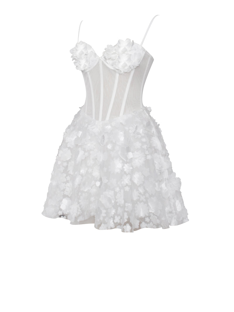 Pamila White Floral Mesh Puffy Mini Dress