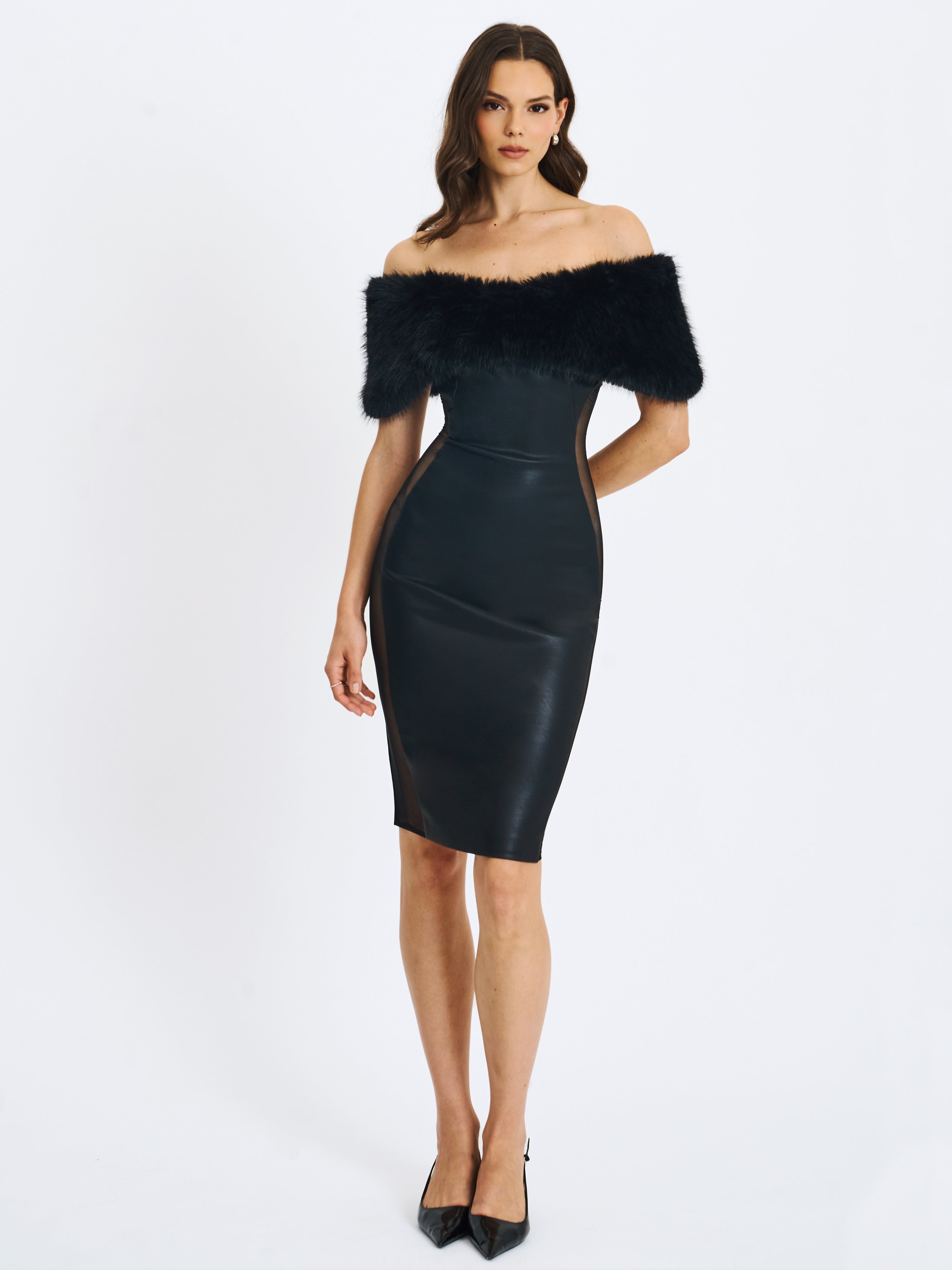 Bellis Black Fur Trim Mesh Panel Off-Shoulder Midi Dress
