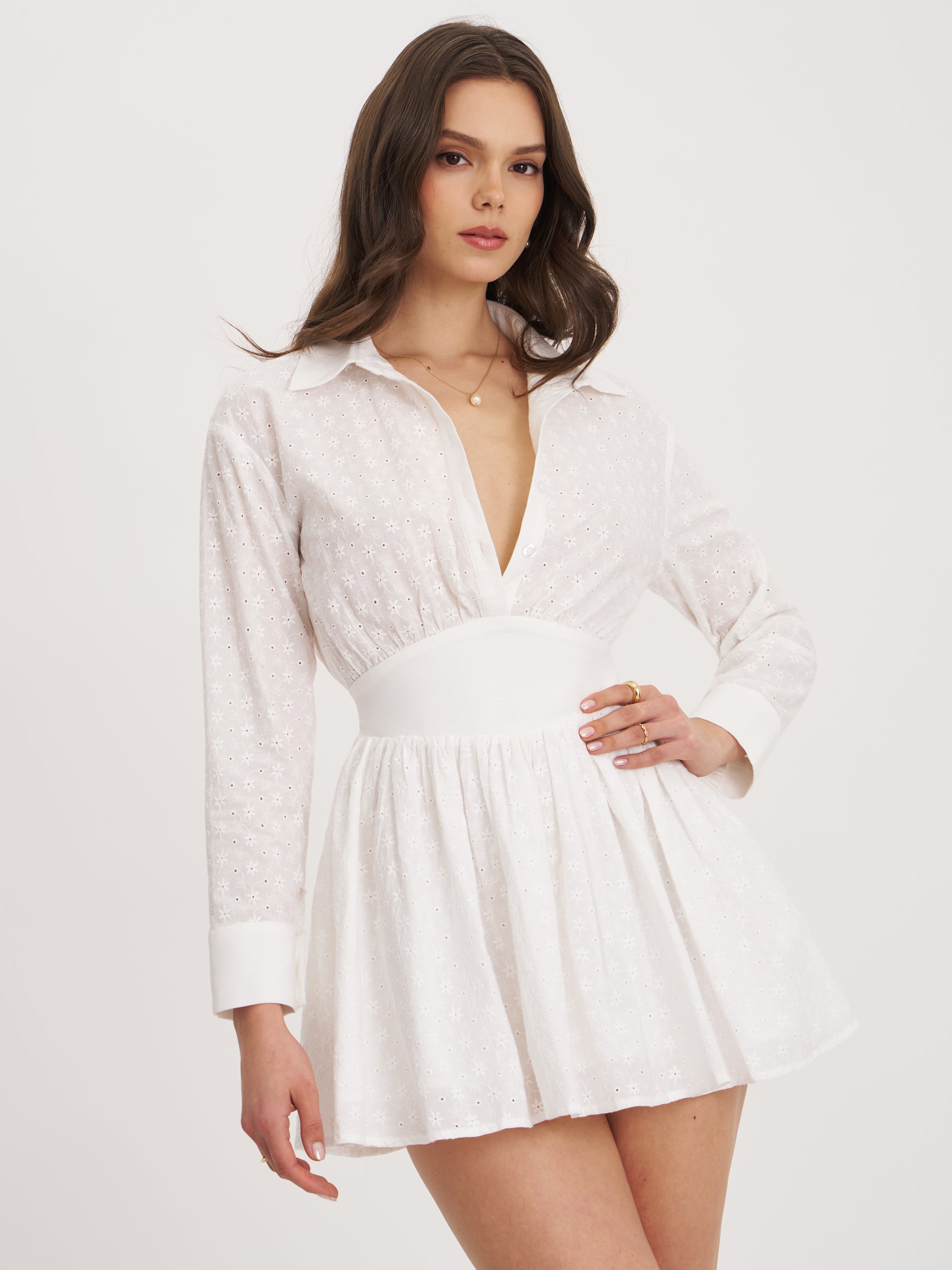 white button up dress Gabriella White Cotton Eyelet Button Up Long Sleeve Shirt Dress