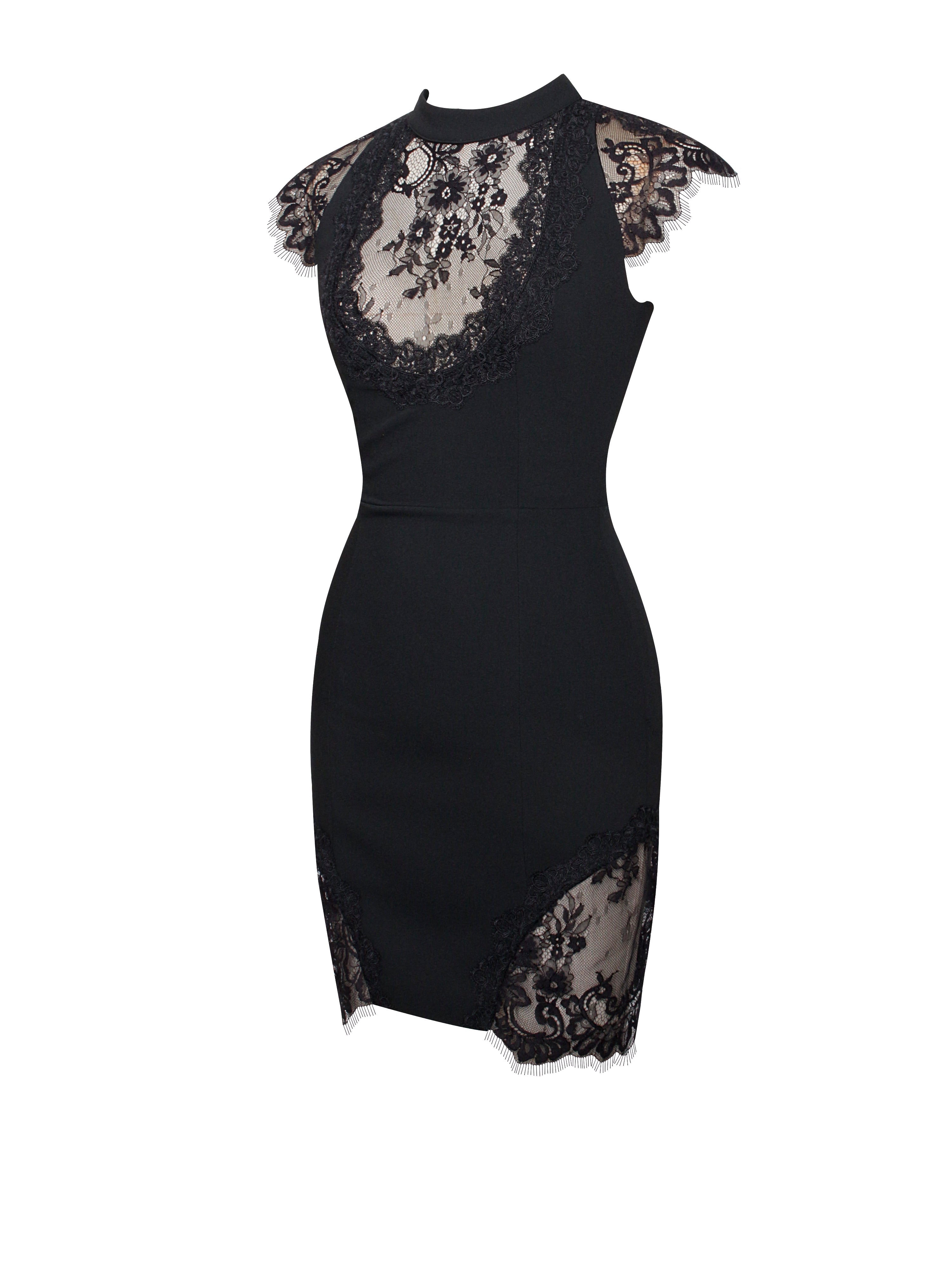 Quinella Black Lace Crepe Backless Mini Dress