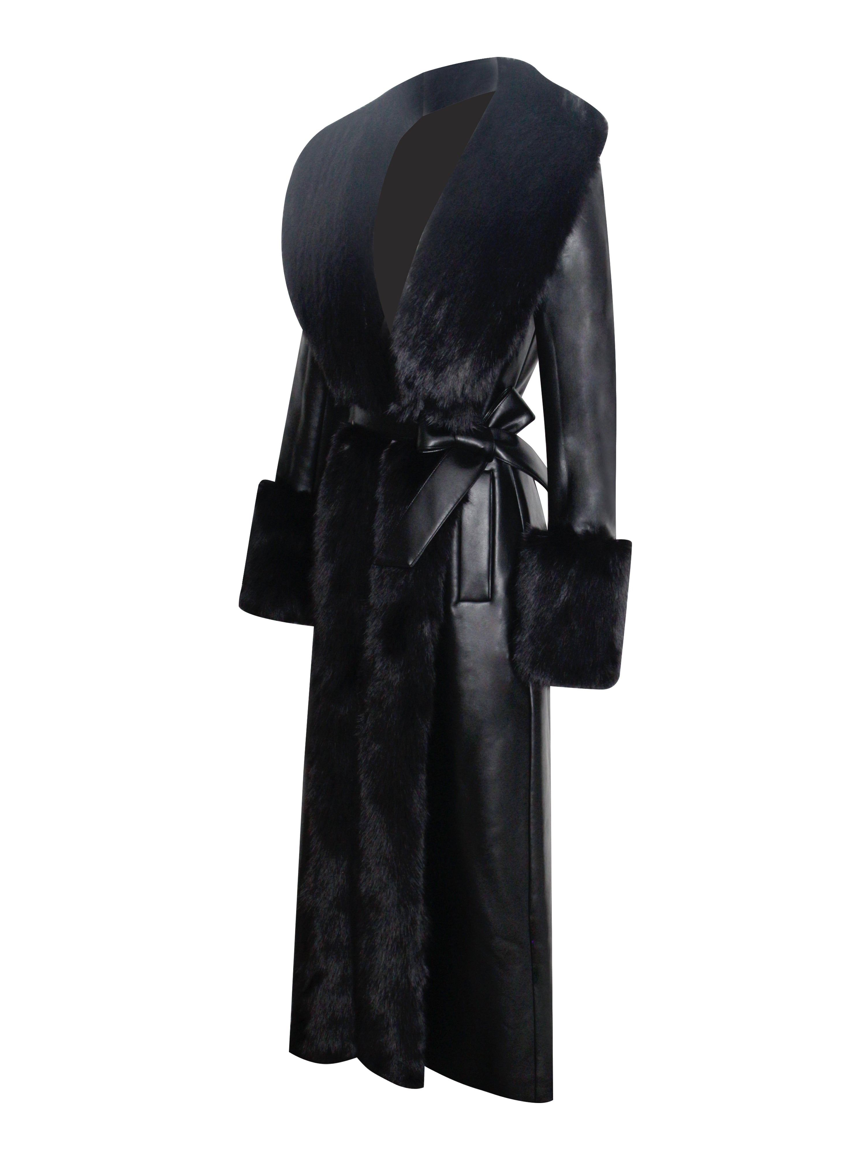 Zaida Black Vegan Fur Trim Black Vegan Leather Coat