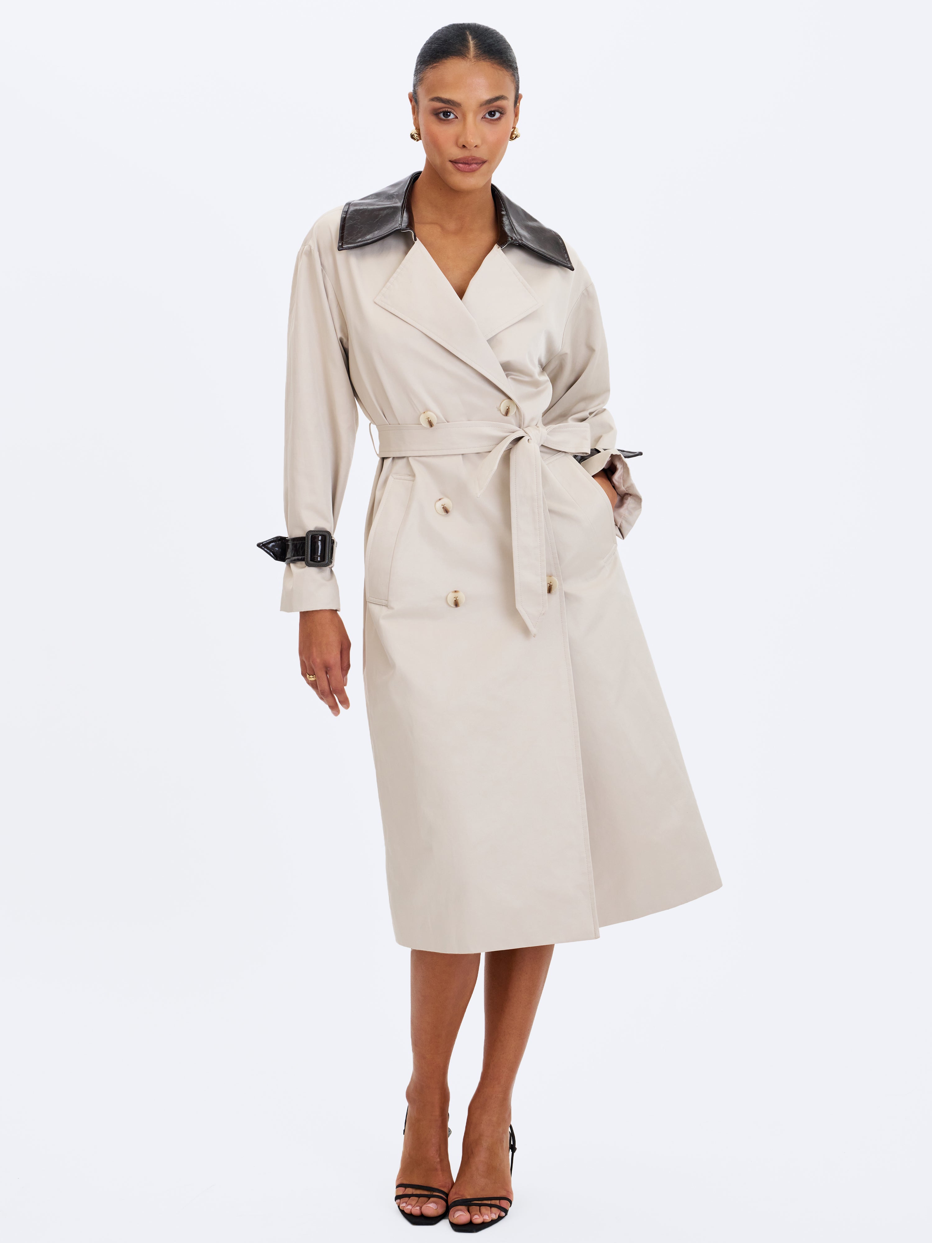 Umber Oyster Double-Breasted Faux Leather Lapel Trench Coat