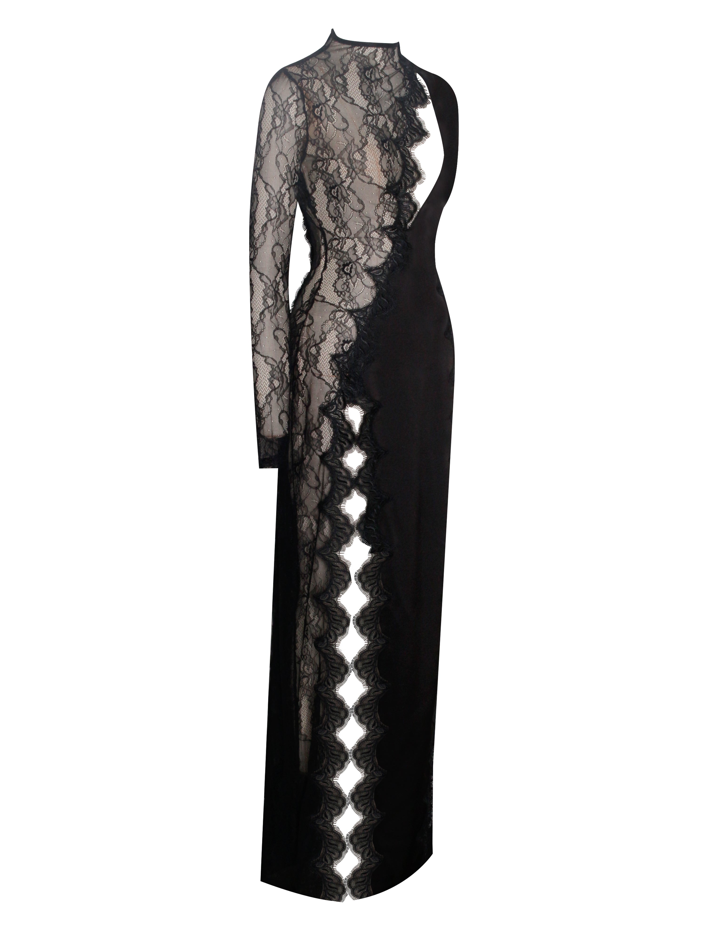 Weslyn Black Satin Lace High Slit Dress Weslyn Black Satin Lace High Slit Dress