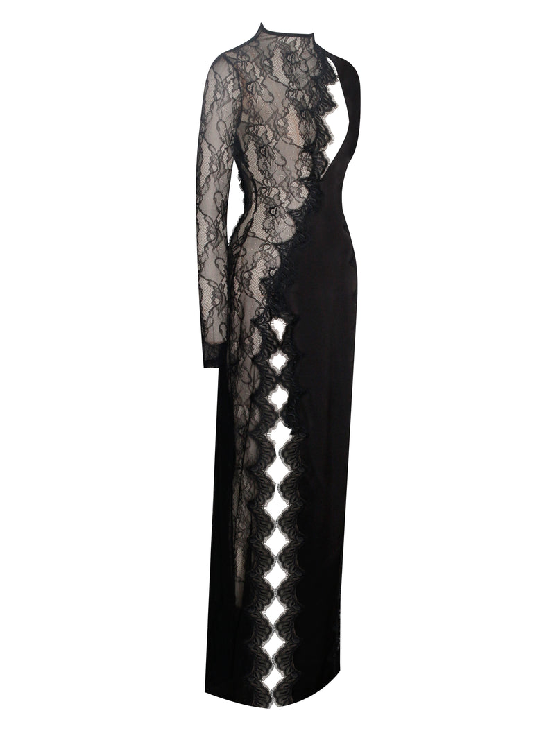 Weslyn Black Satin Lace High Slit Dress – Miss Circle