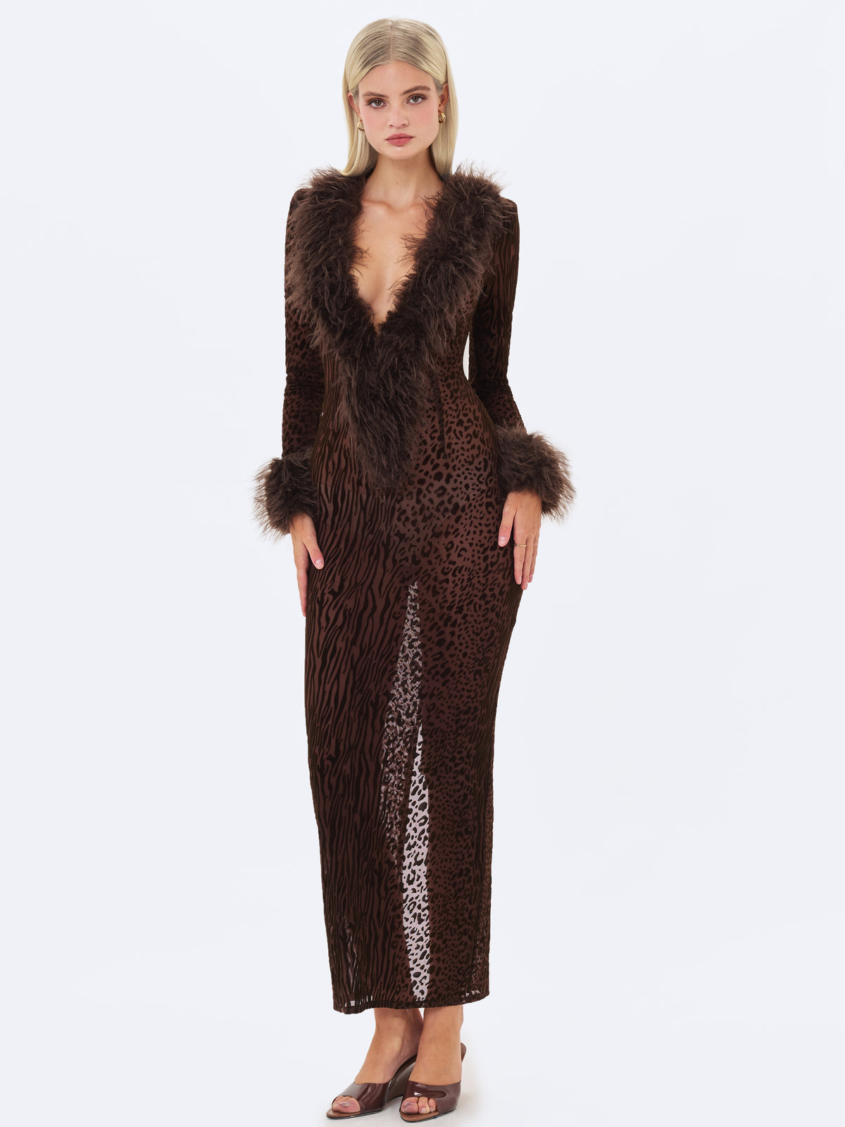Luana Brown Plunging Fur Trimmed Burnout Mesh Maxi Dress