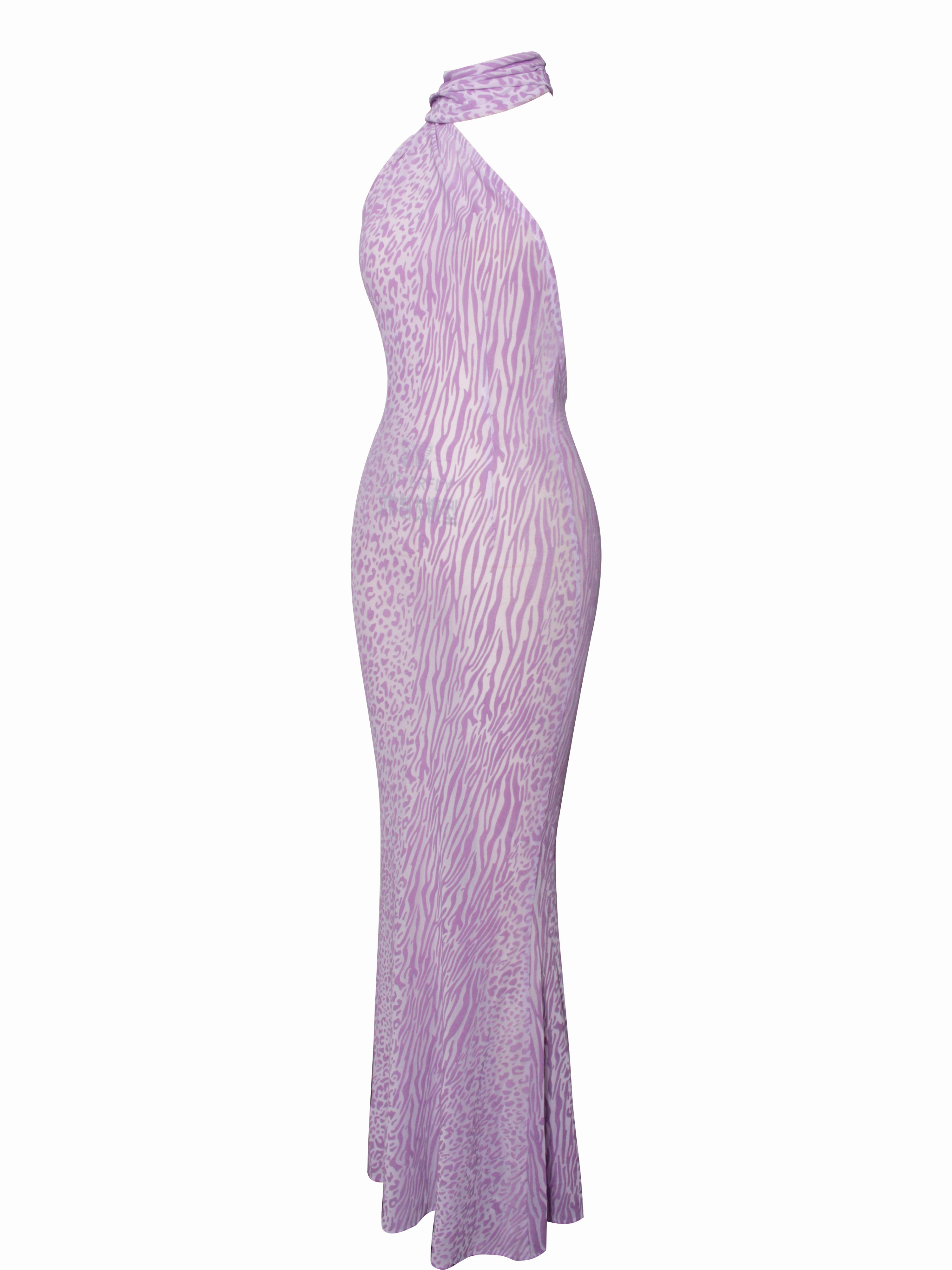 Olena Purple Burnout Velvet Animal Print Mesh Halter Neck Maxi Dress