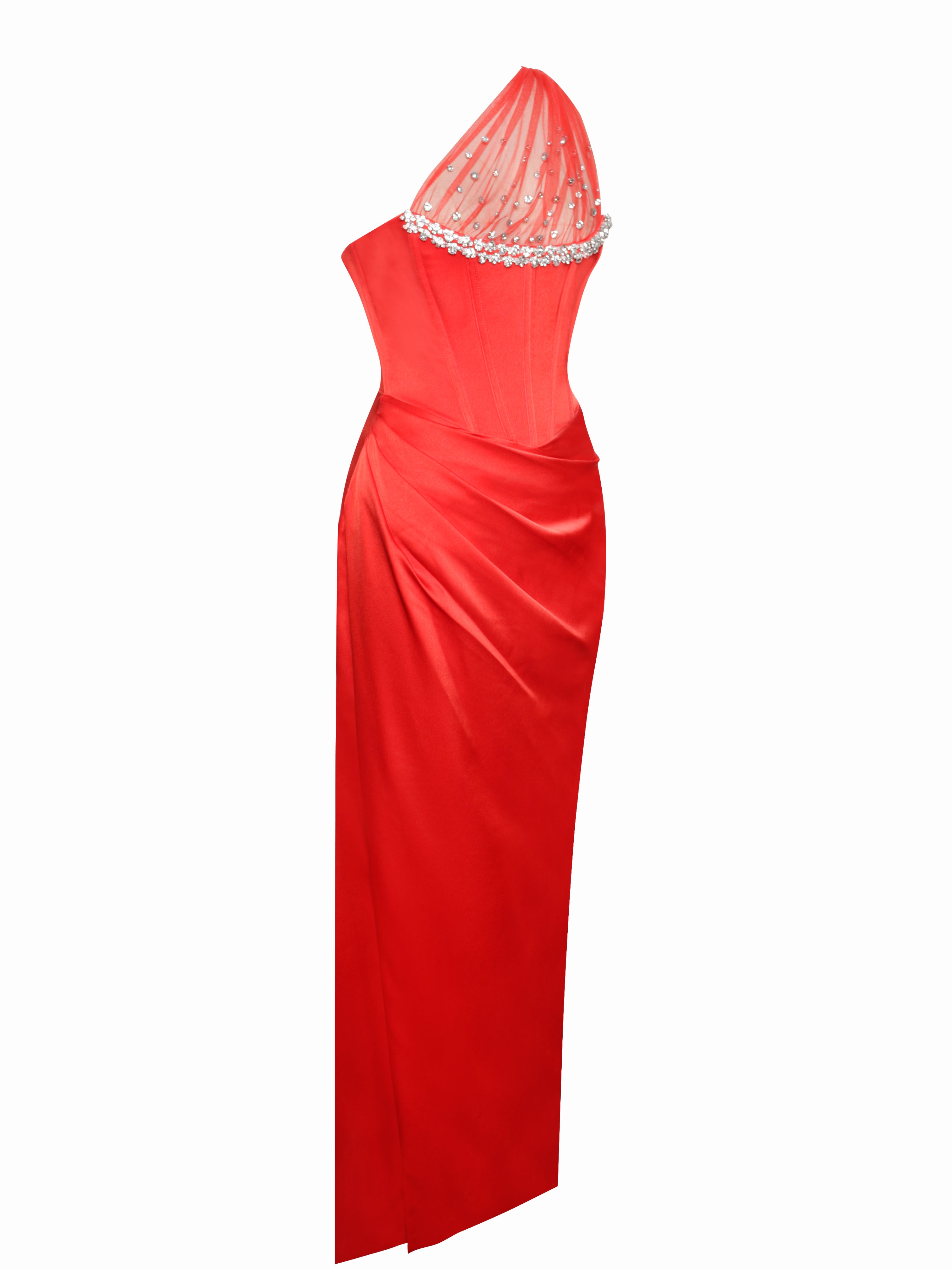 Lora Scarlet Crystal Embellished Mesh Satin Corset Gown