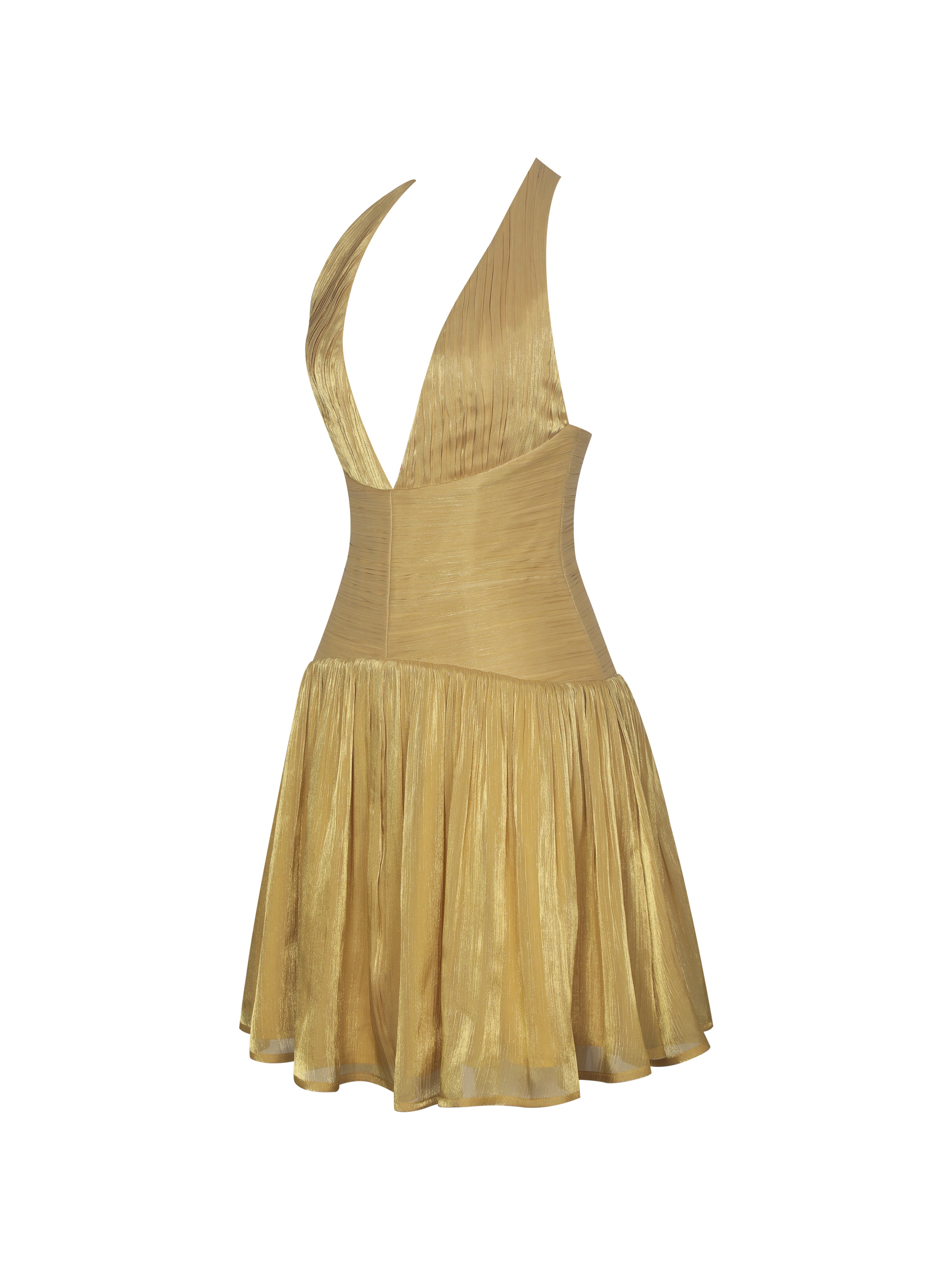Xavia Gold Crystal Organza Plunging Halter Mini Dress