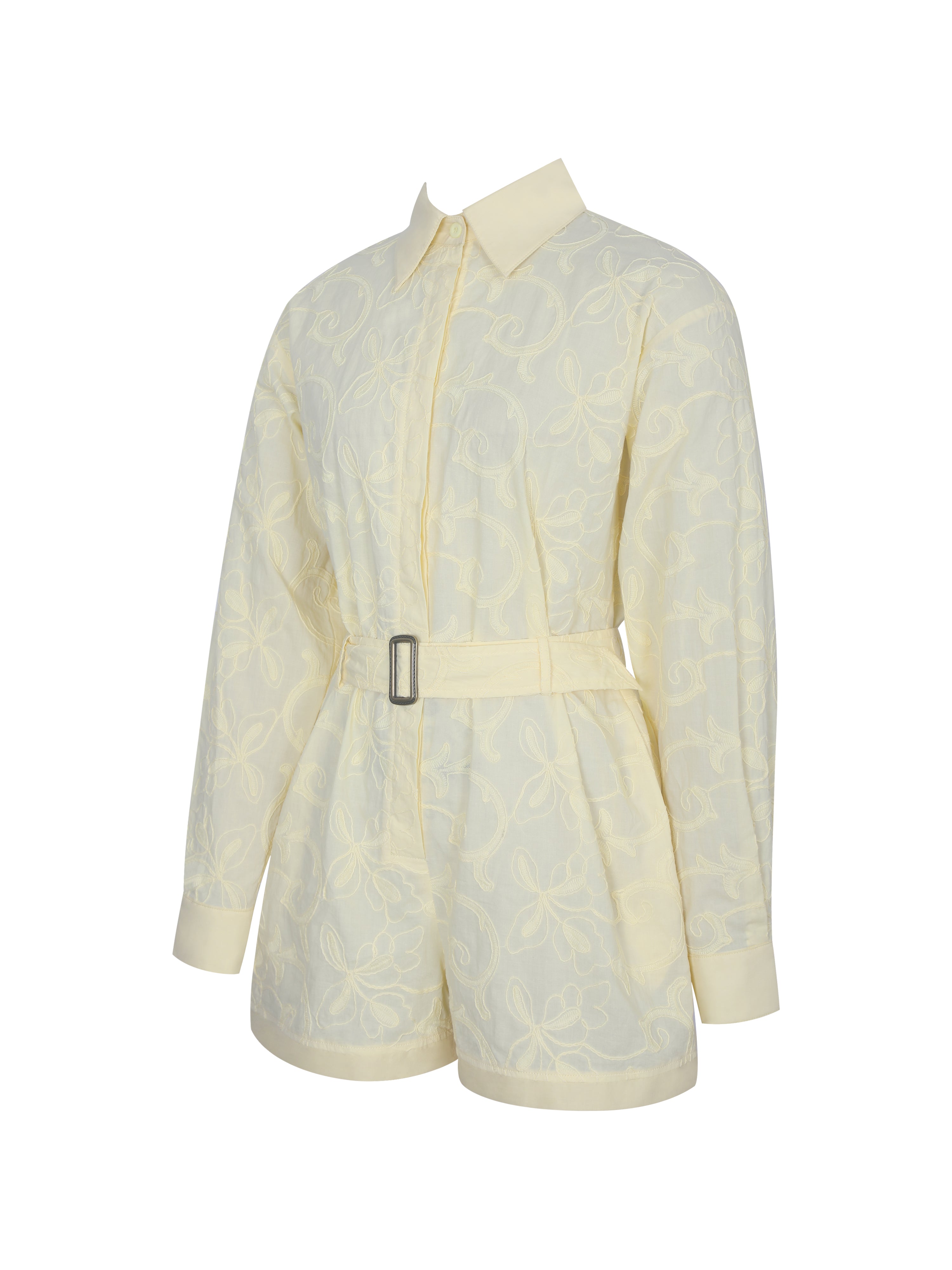 Malou Lemon Yellow Embroidered Poplin Belted Shirt Romper