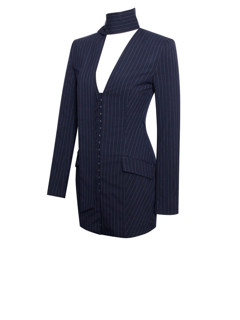 Tahlia Deep V Pinstripes Navy Blue Blazer Dress with scarf collar