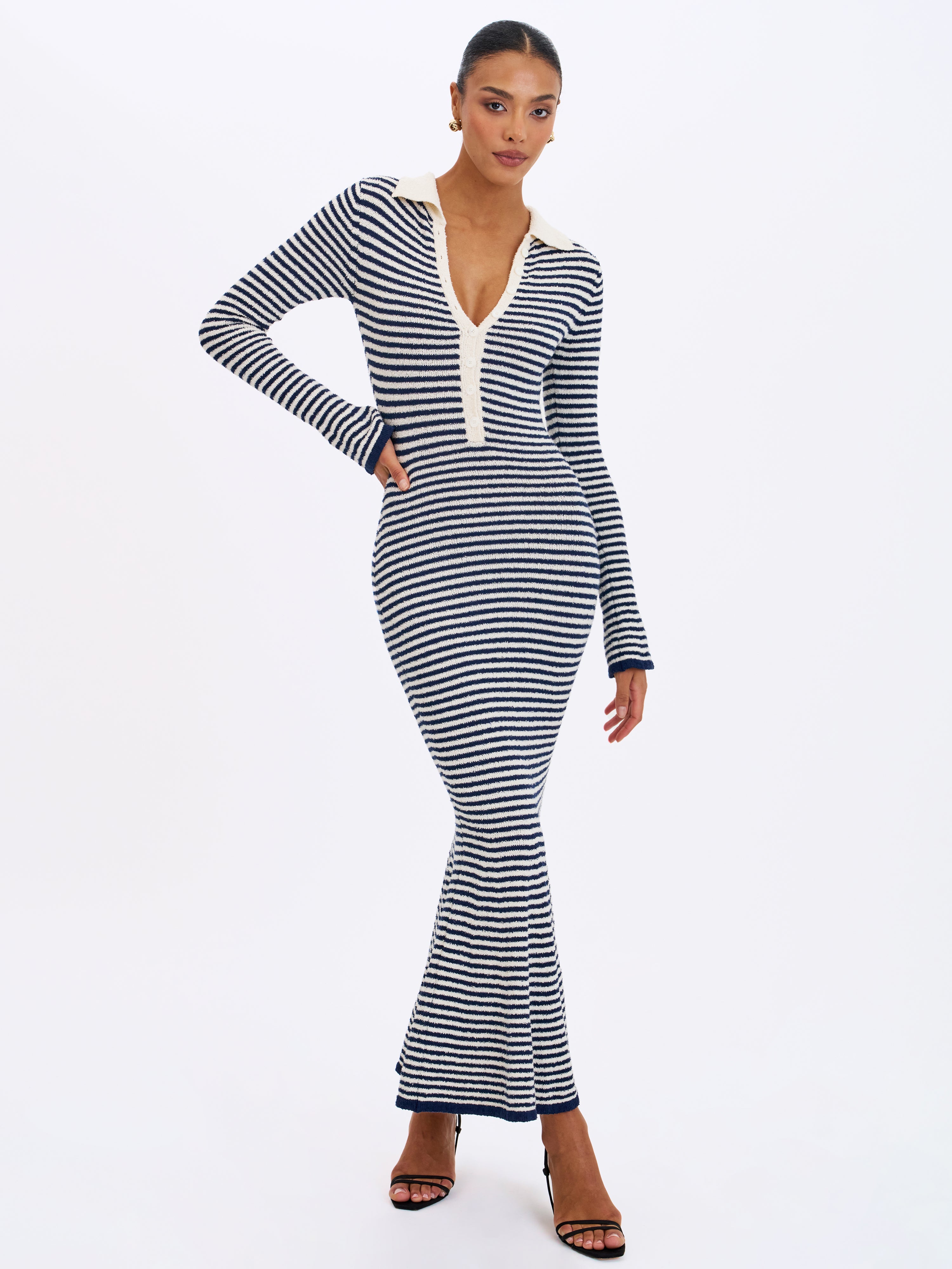 Xelie Navy & White Cotton Terry Knit Mermaid Maxi Dress