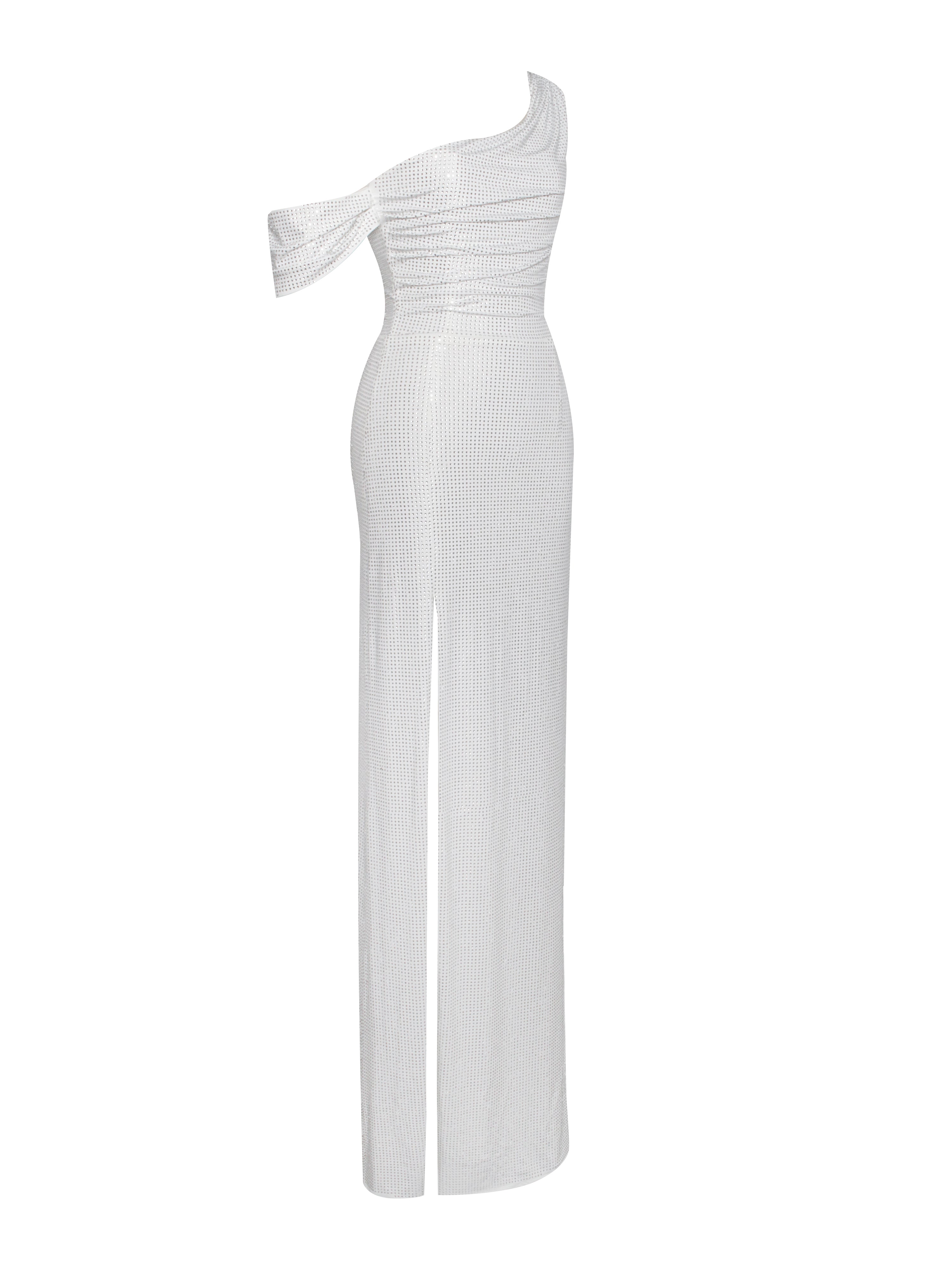 Paget White Mesh Rhinestone Embellished High Slit Gown