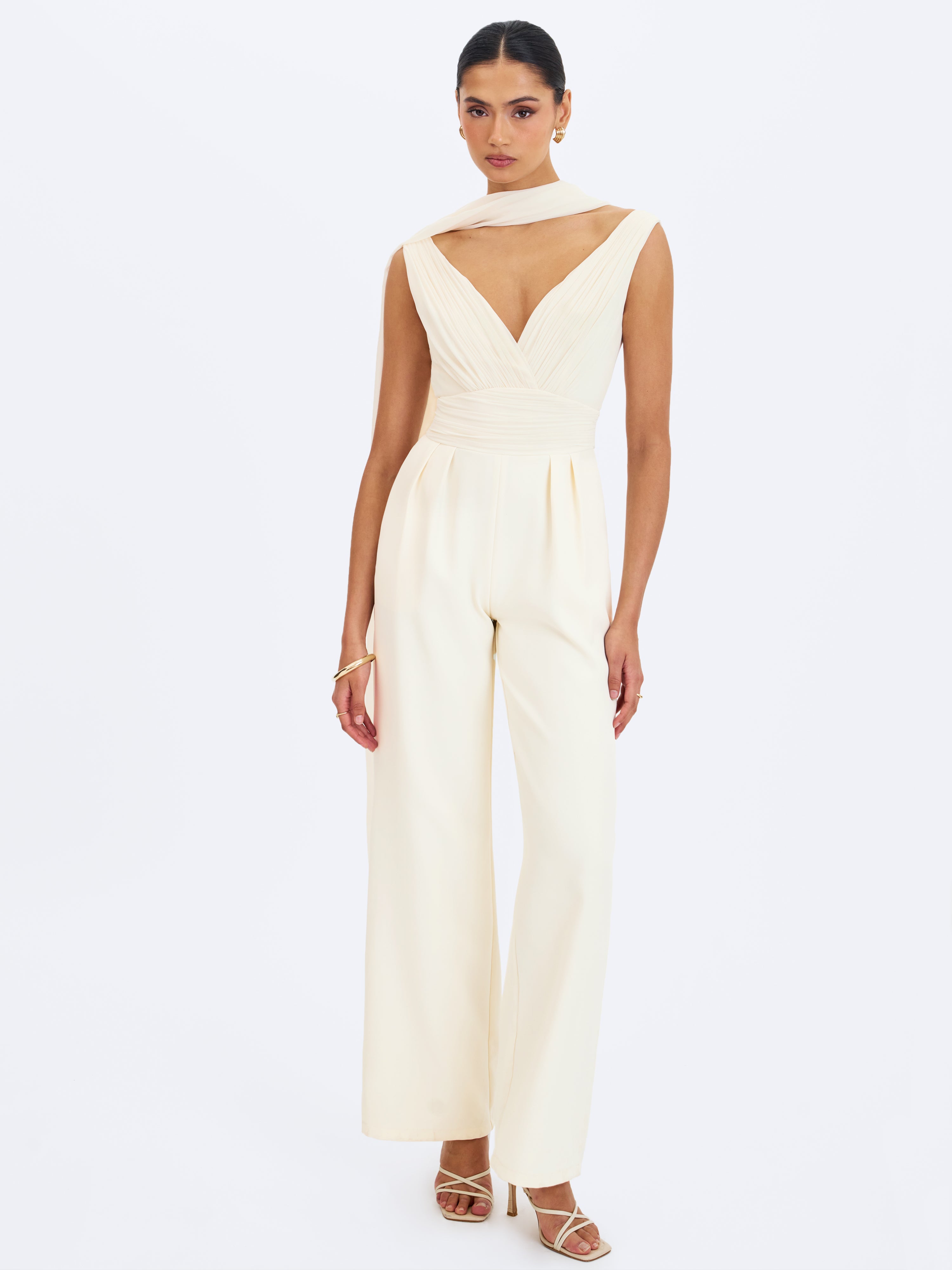 Harper Ivory Ruched V-Neck Jumpsuit with Scarf