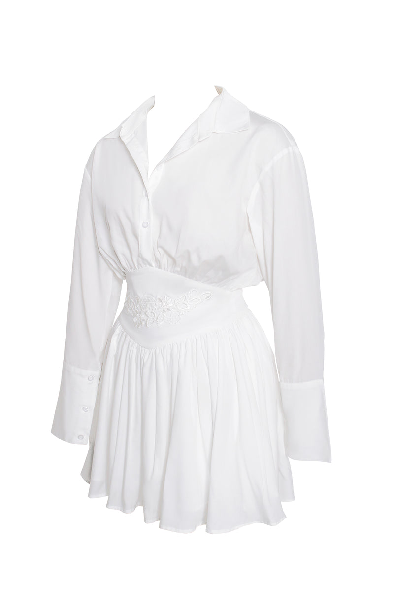 Jamila White Shirt Mini Dress with Embroidered Waist Detail