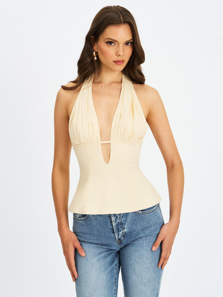 Quinzella Butter Yellow Linen Plunging Halter Neck Top
